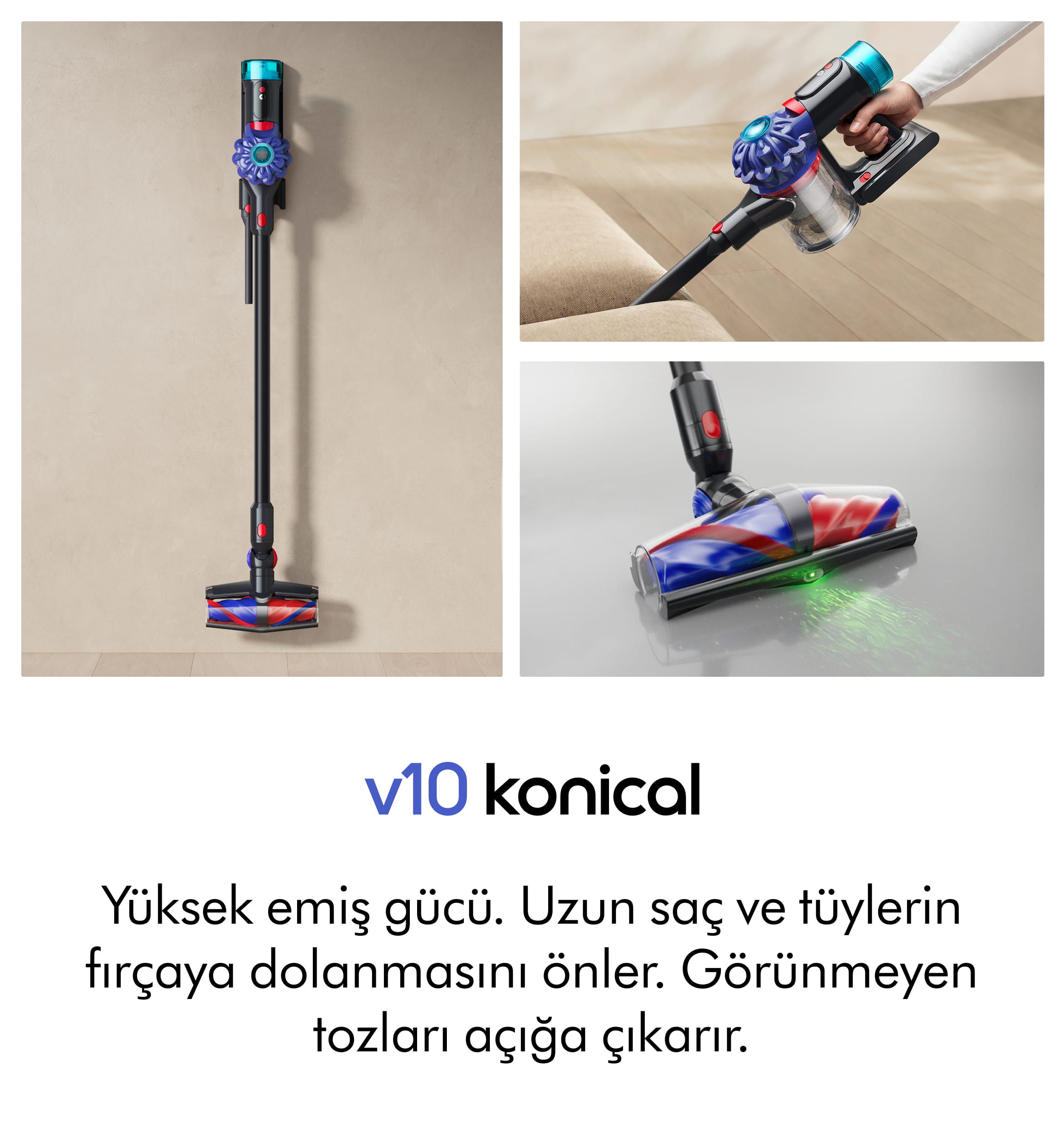 Dyson V10 kablosuz süpürge üç görünümde: dik, kullanımda ve fırça başlığı ile.