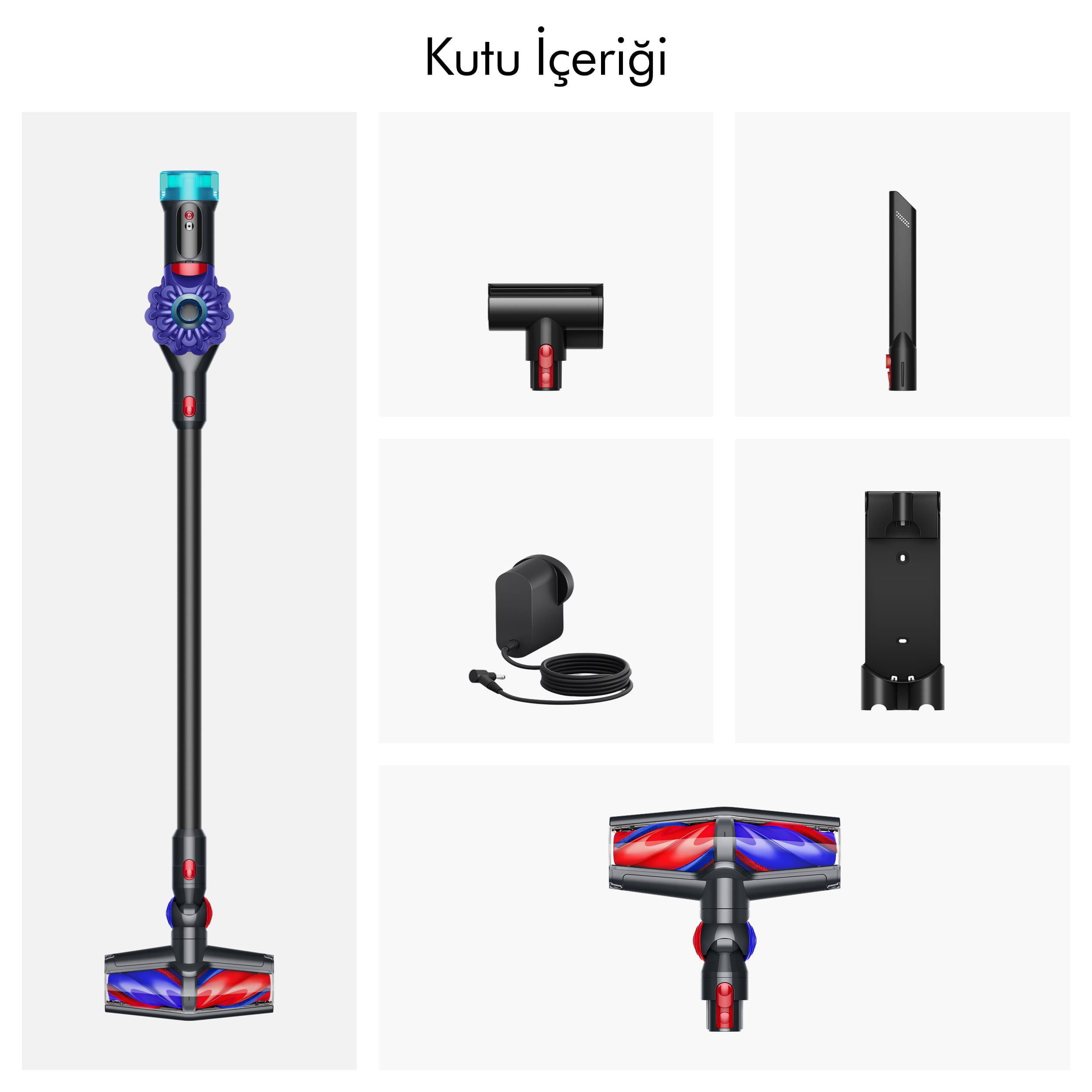 Dyson elektrikli süpürge ve aksesuarları: şarj cihazı, duvar askısı, zemin başlığı.