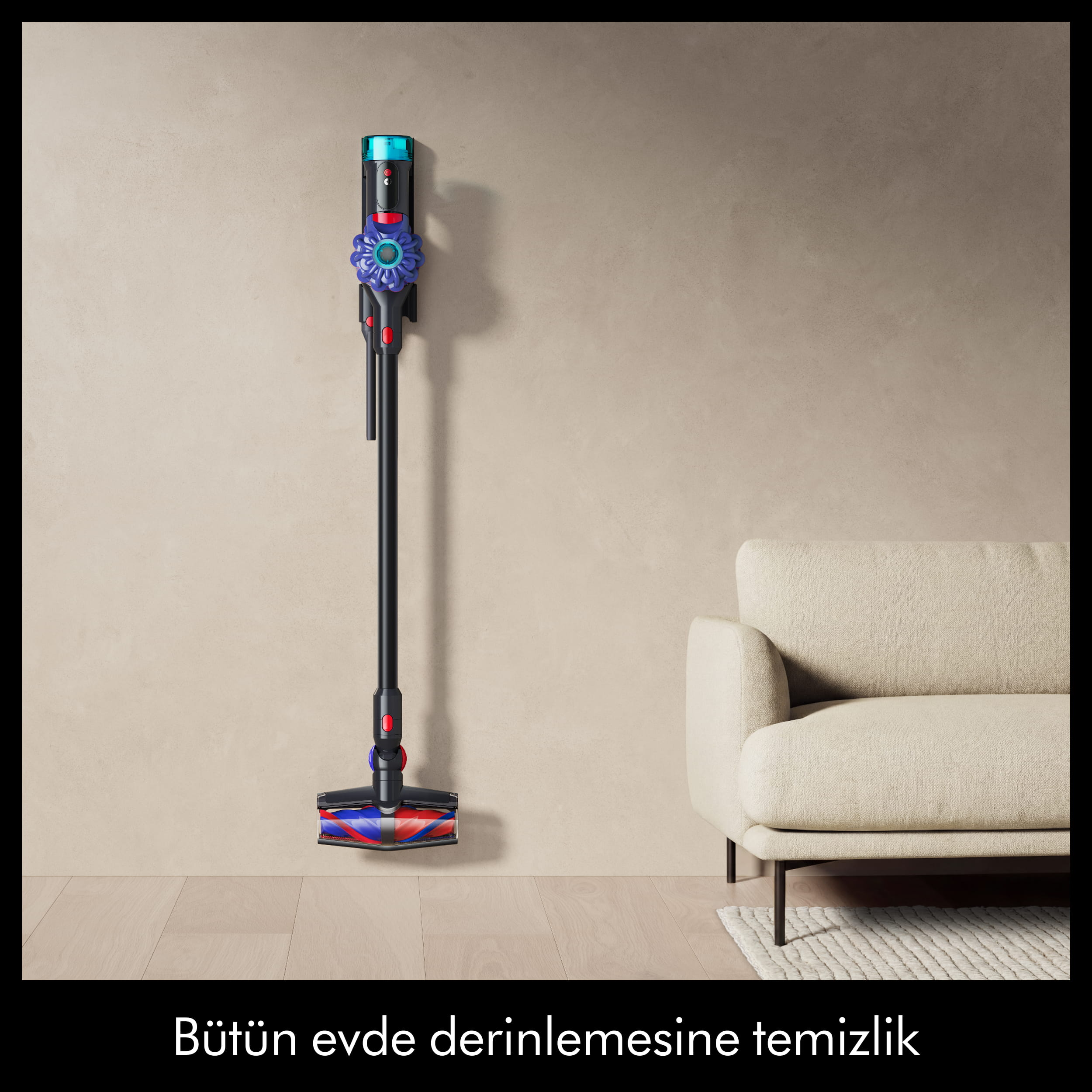 Kablosuz bir süpürge, bir kanepenin yanında duvara monte edilmiştir.