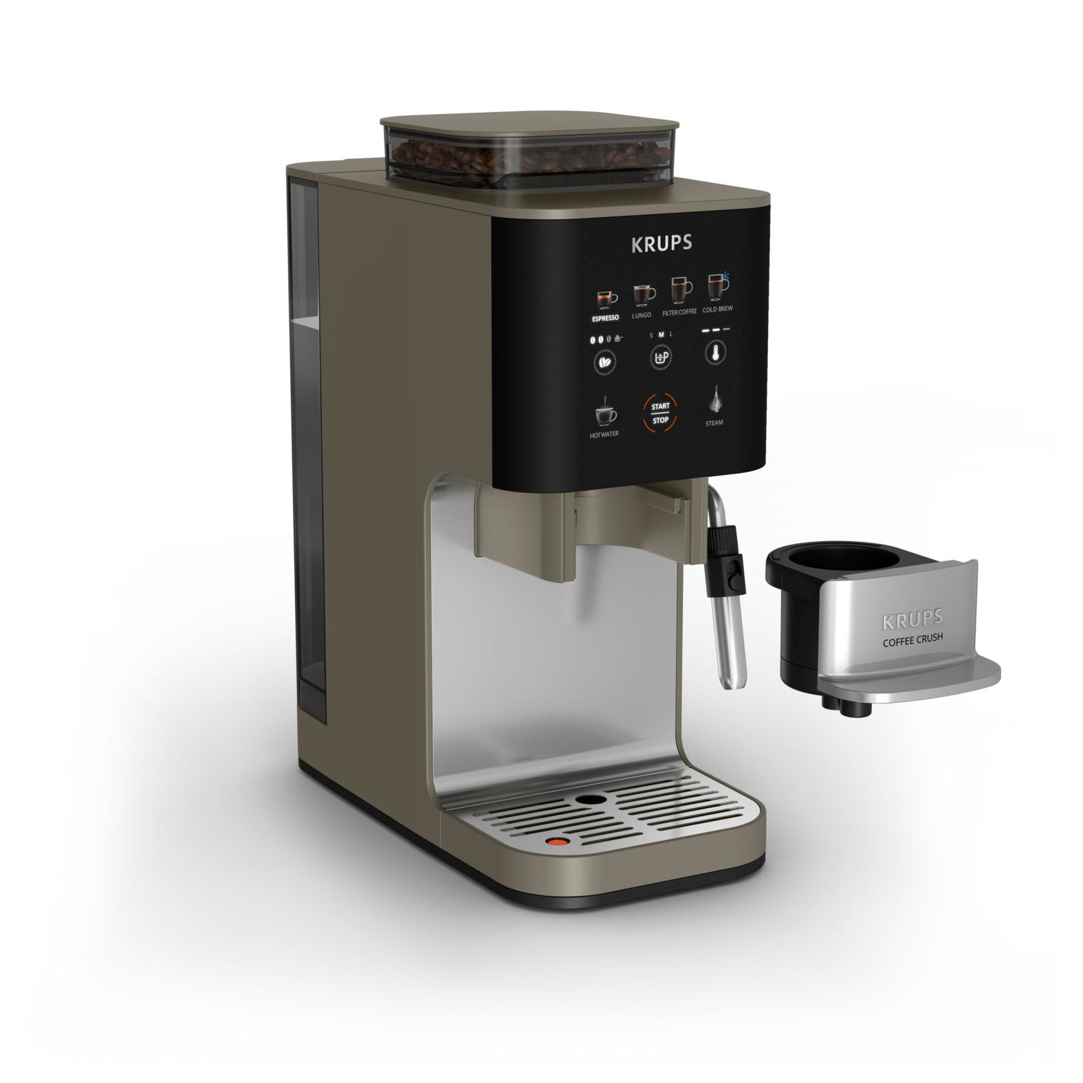 Eine braune Krups Kaffeemaschine mit Knopfbedienung und Kaffeebohnenbehälter oben.