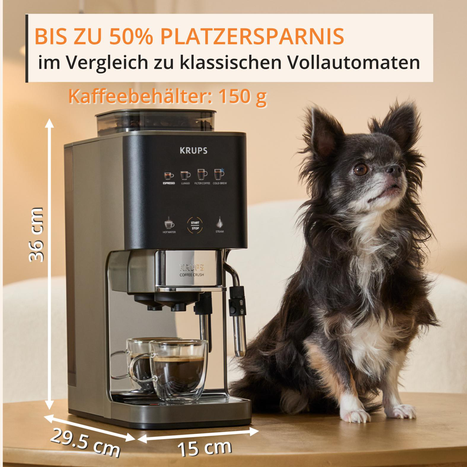 Krups Kaffeemaschine mit zwei Tassen und einem Hund davor. Maße sind angegeben.