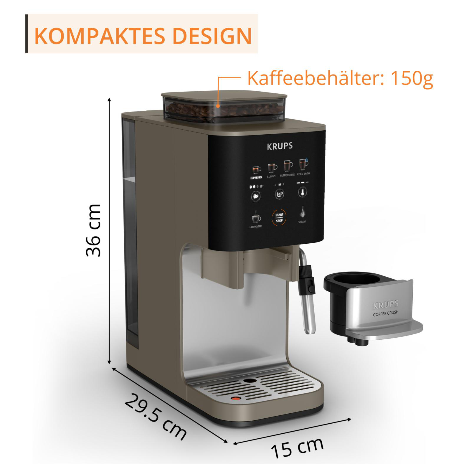 Kompakte Kaffeemaschine mit Kaffeebehälter, Maße 36x29,5x15 cm.