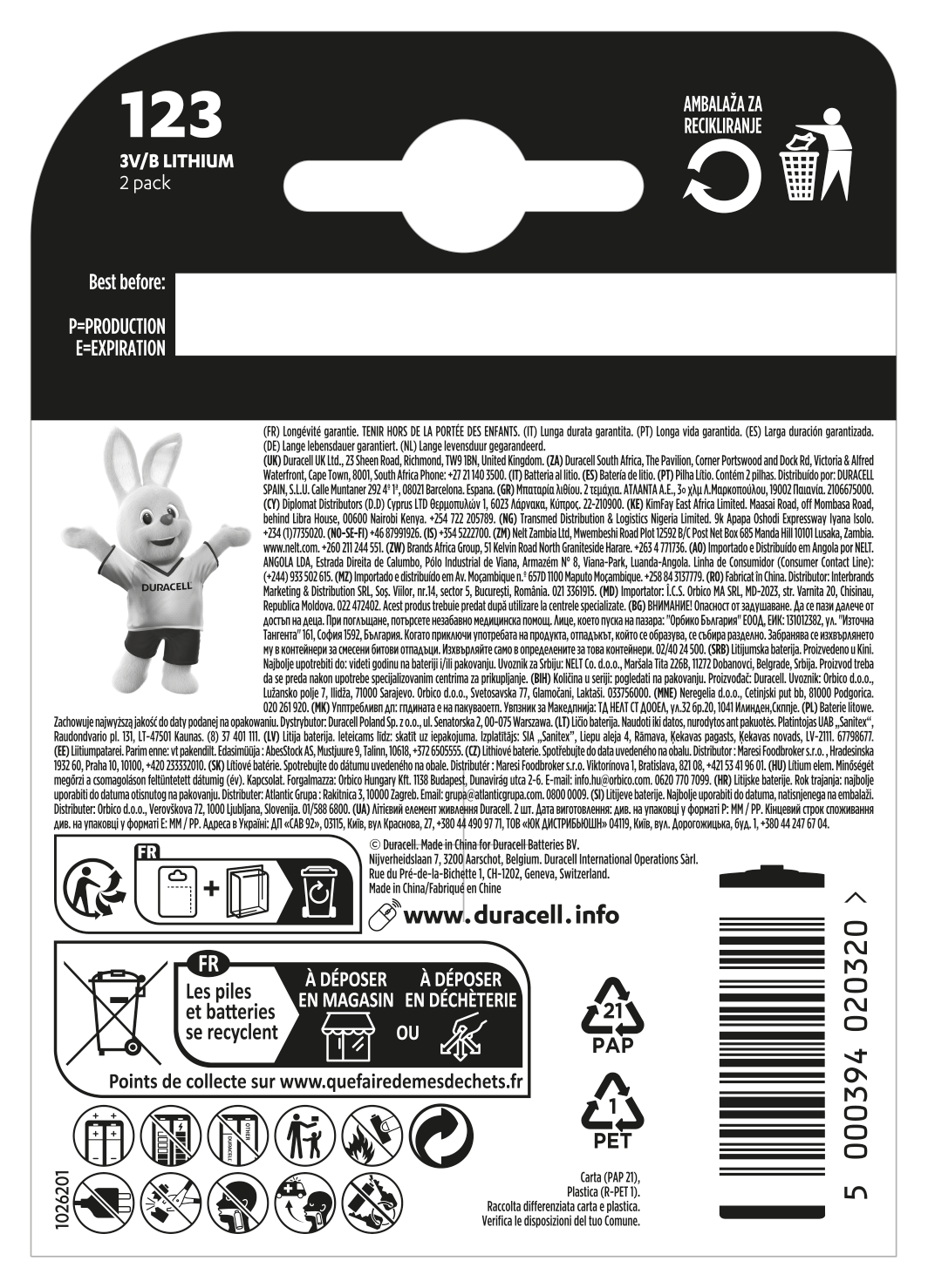 Baterie Duracell AA z datą "Najlepiej zużyć do", symbolami recyklingu i ostrzeżeniami.