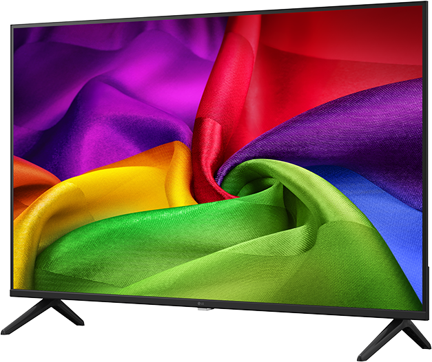 Egy modern fekete TV szivárványos selyemszövet élénk örvényét mutatja.