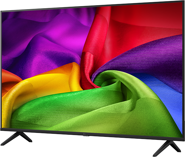 Egy modern televízió élénk, örvénylő, színes anyagokból álló mintát mutat.