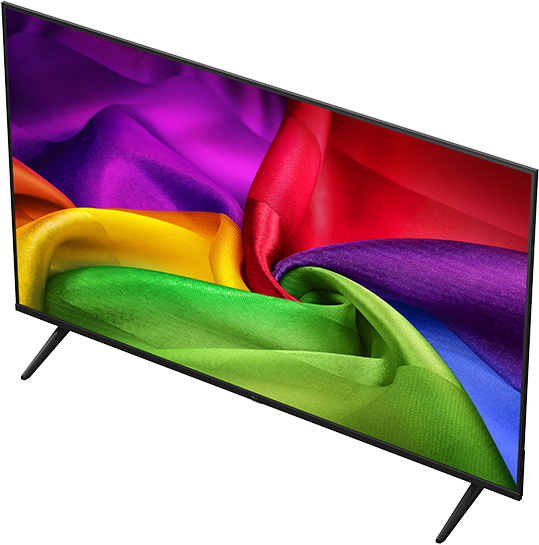 Egy modern televízió színes anyagmintát jelenít meg a képernyőjén.