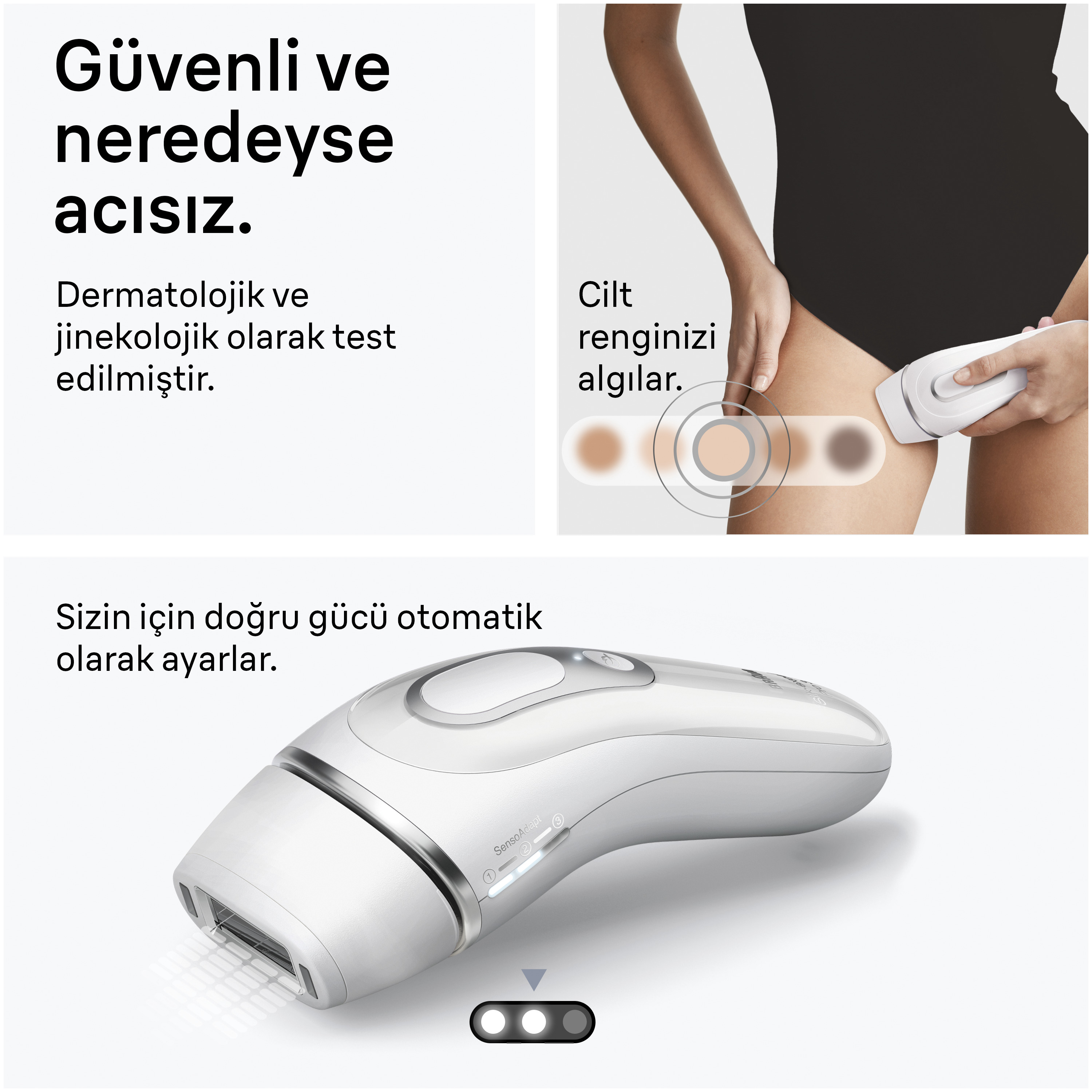 Beyaz bir epilasyon cihazı bir kişinin cildine uygulanıyor. Metin göstergeleri mevcut.