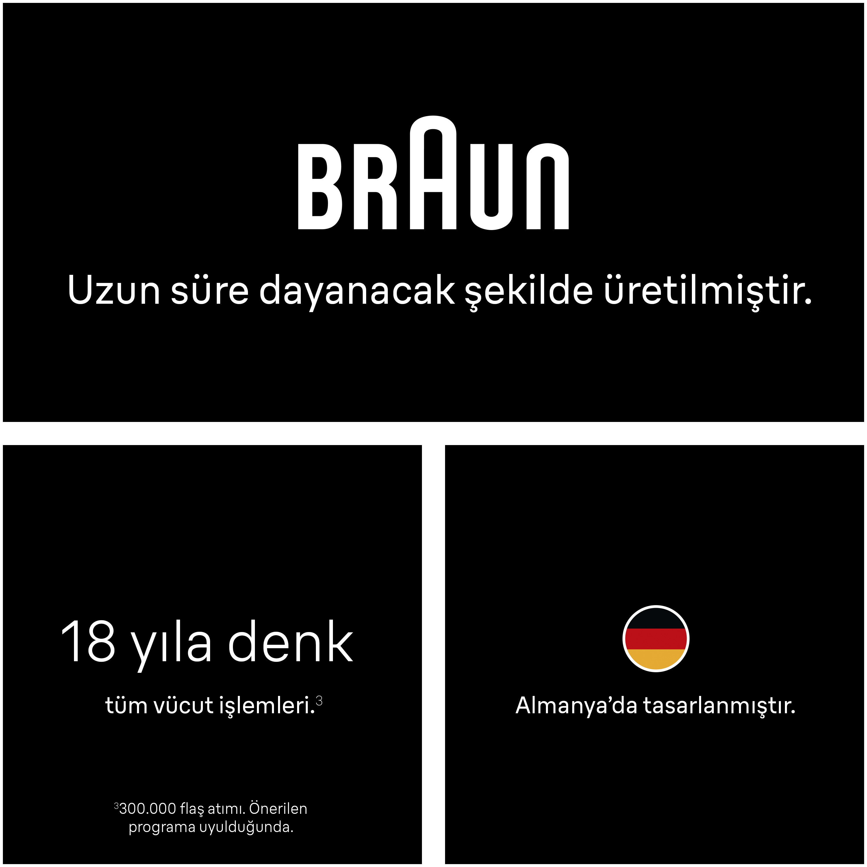 Braun logosu, metin: Uzun süre dayanacak şekilde üretilmiştir. 18 yıl tüm vücut.