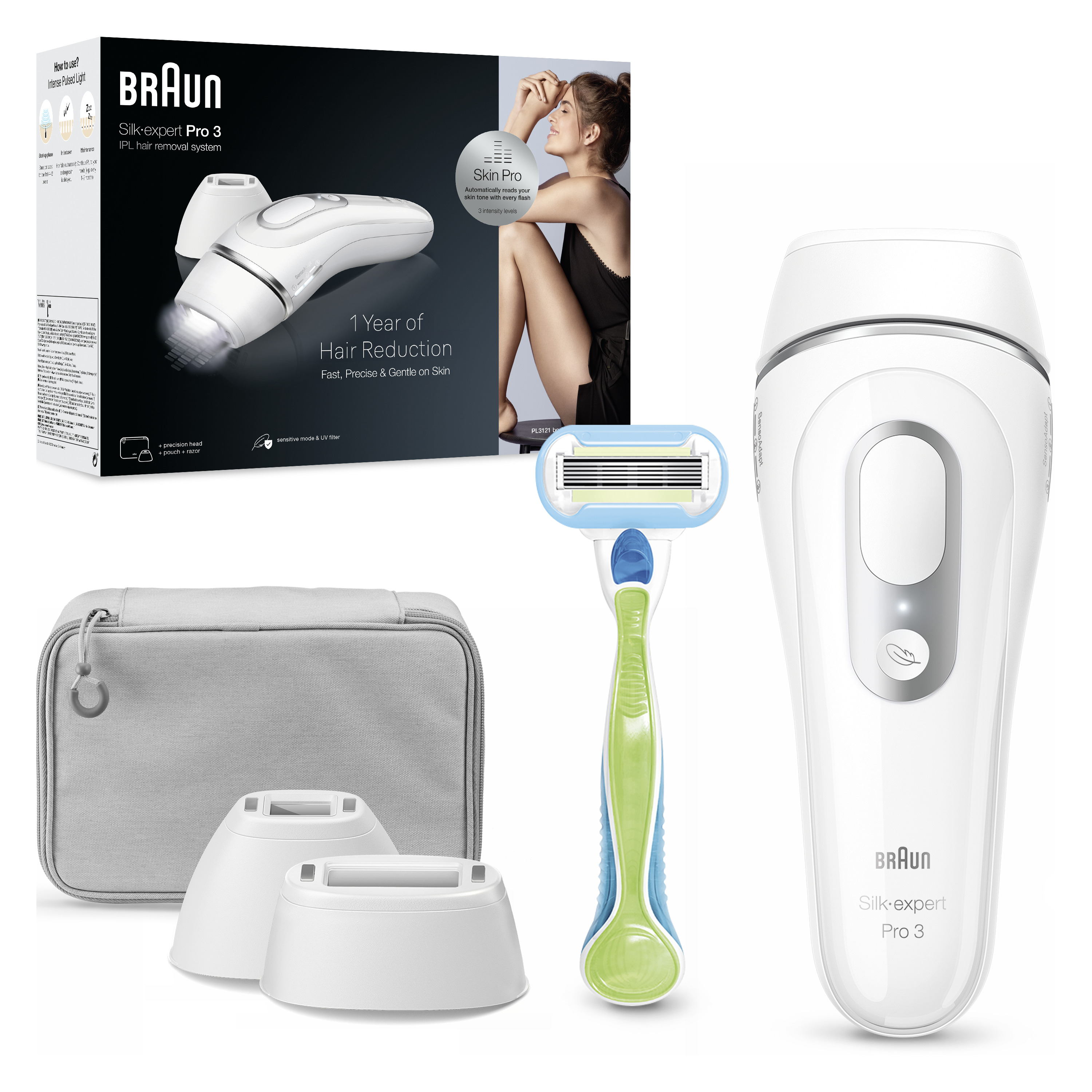Braun IPL tüy dökücü, tıraş bıçağı, kılıf ve aparatlarla birlikte.