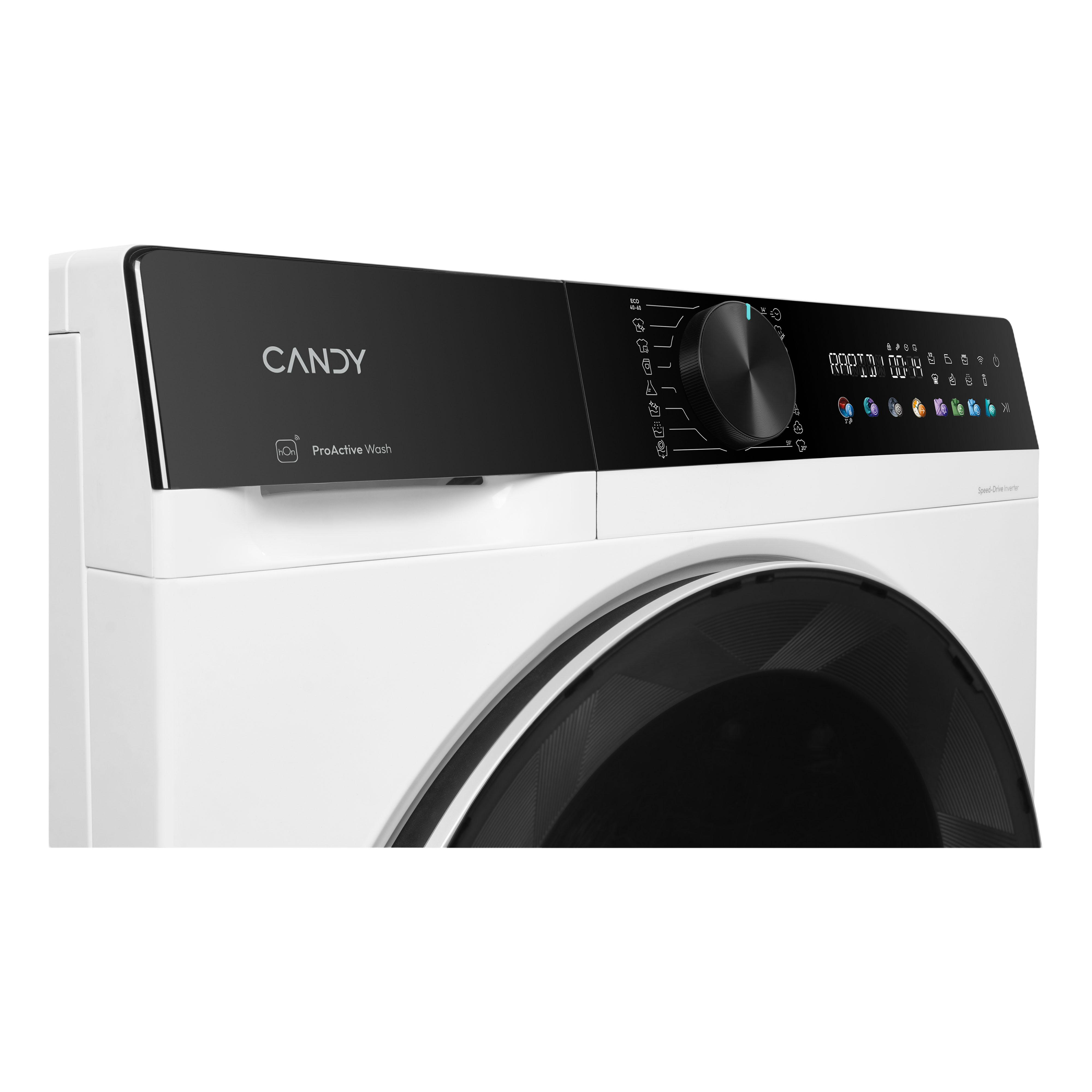 Weiße Candy Waschmaschine mit digitalem Display und Drehknopf.