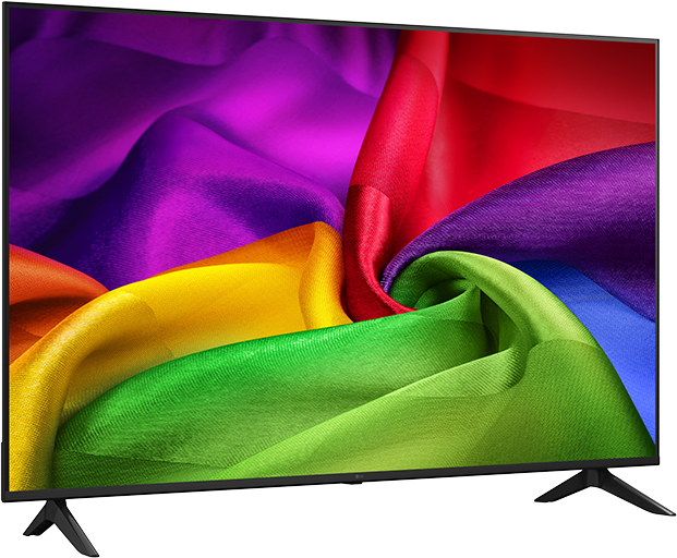 Egy modern televízió élénk, színes anyagmintával a háttérben.