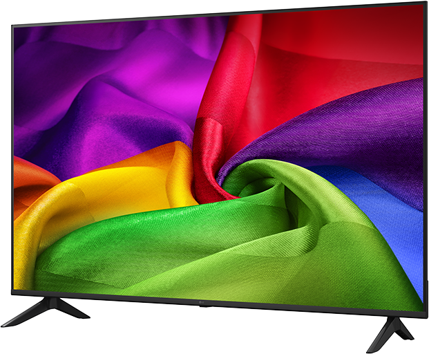 Egy modern fekete síkképernyős TV élénk, szivárvány színű, sodródó selymet mutat.