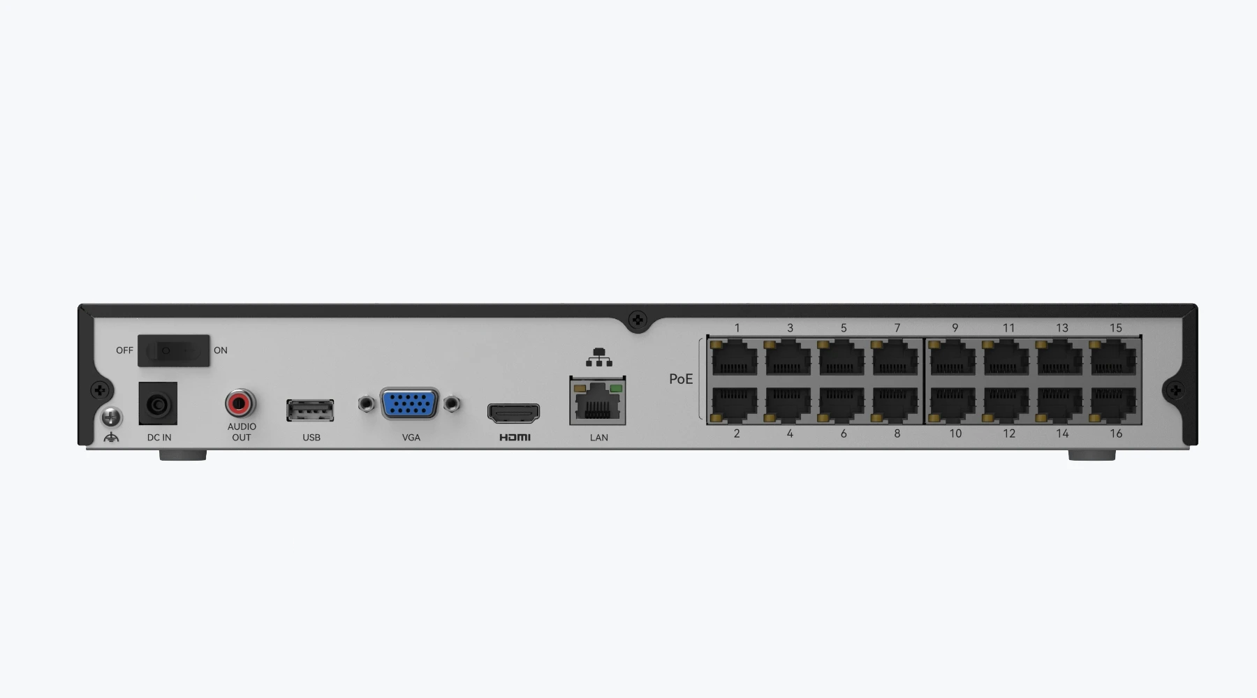 Hálózati videórögzítő hátulja: DC IN, Audio Out, USB, VGA, HDMI, LAN és 16 PoE port.