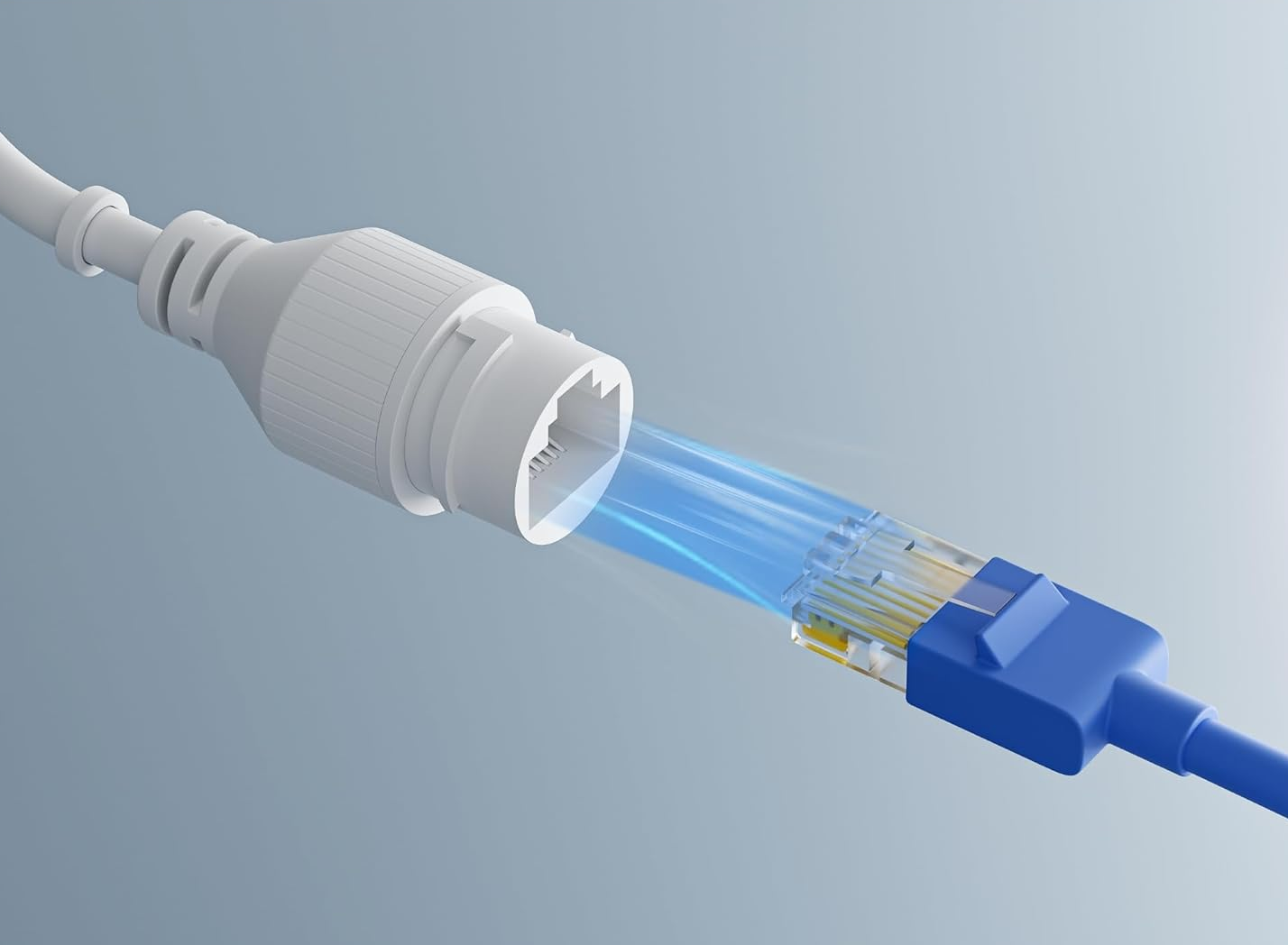 Egy fehér dugó csatlakozik egy kék Ethernet aljzathoz, kék fénysugarakkal.