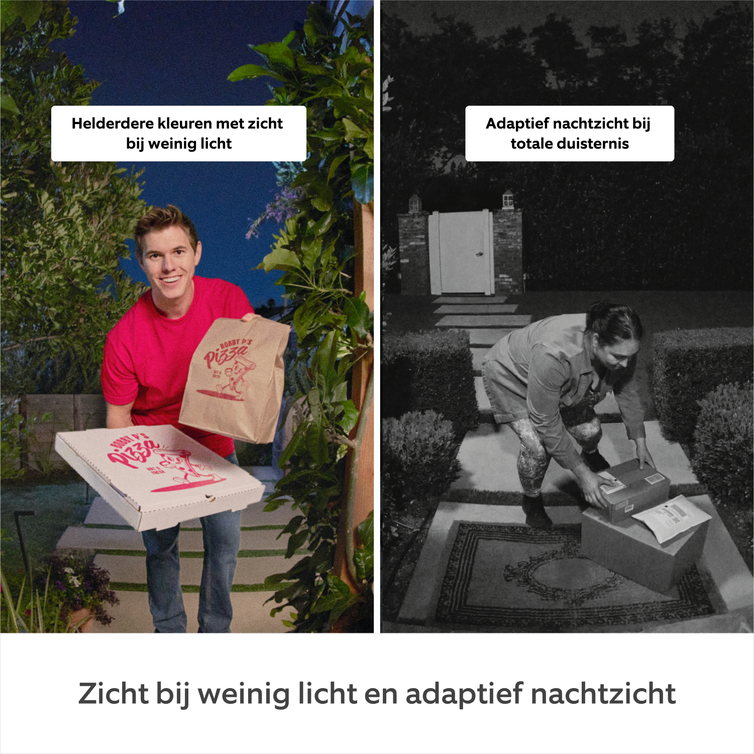 Man met pizza 's nachts, vrouw met pakketten in duisternis. Kleur vs. nachtzicht.