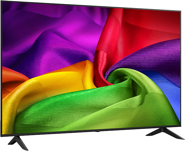 Egy modern televízió színes, lebegő anyagok absztrakt mintázatát mutatja.