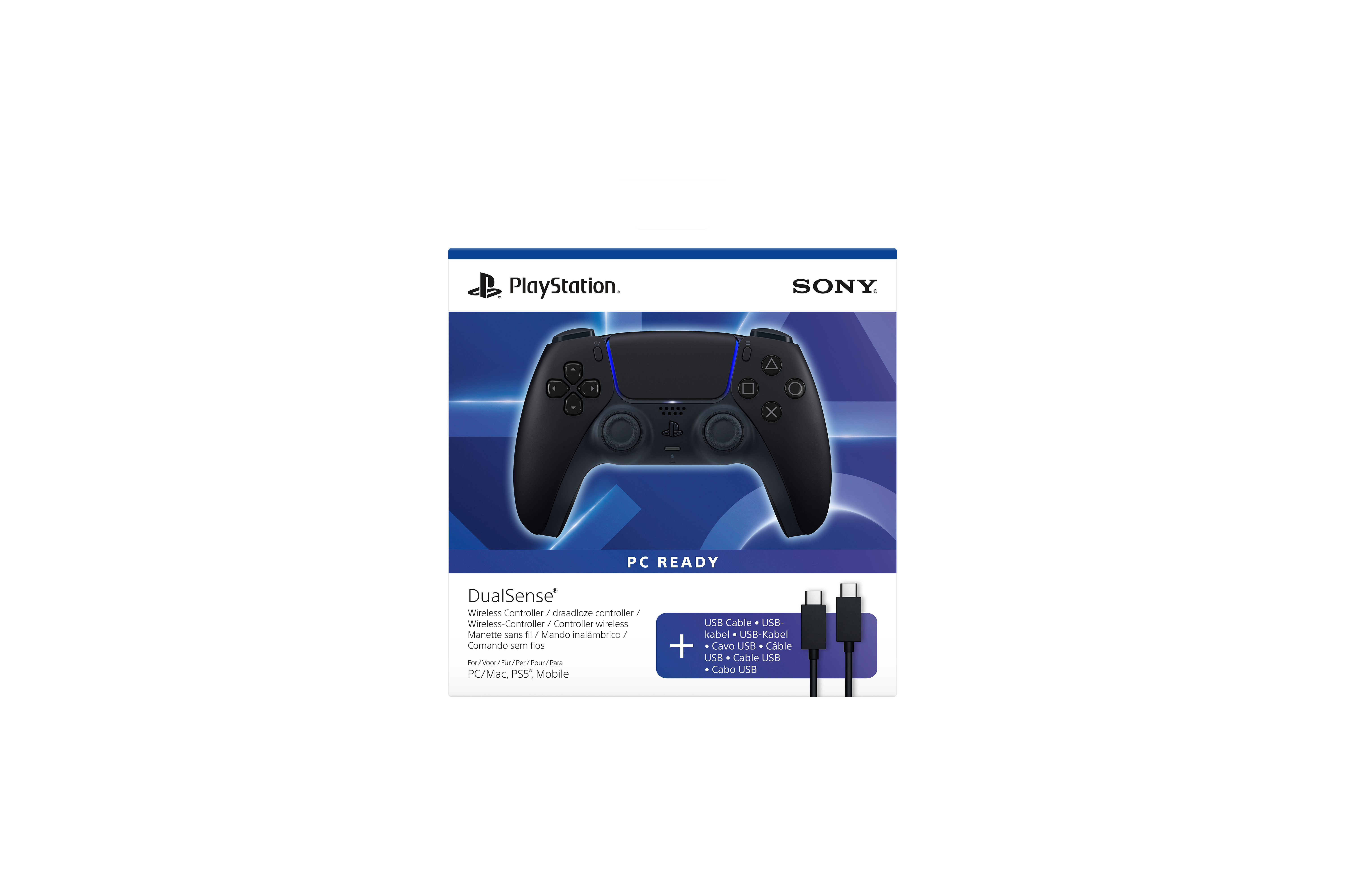 Mavi arka plan üzerinde kablolu PlayStation DualSense kontrolcü.