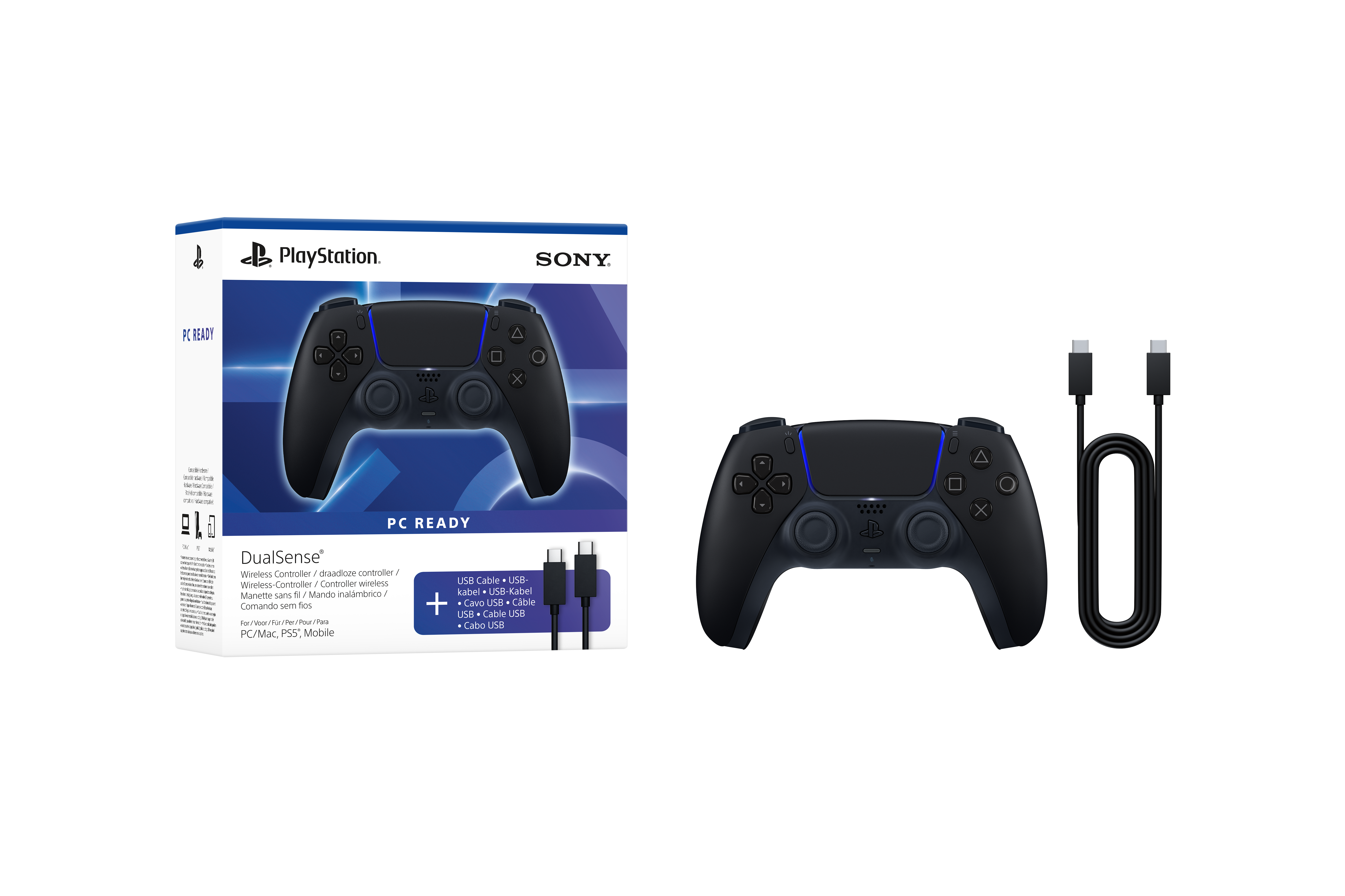 USB kablolu ve ambalajlı siyah PlayStation DualSense kontrolcü.