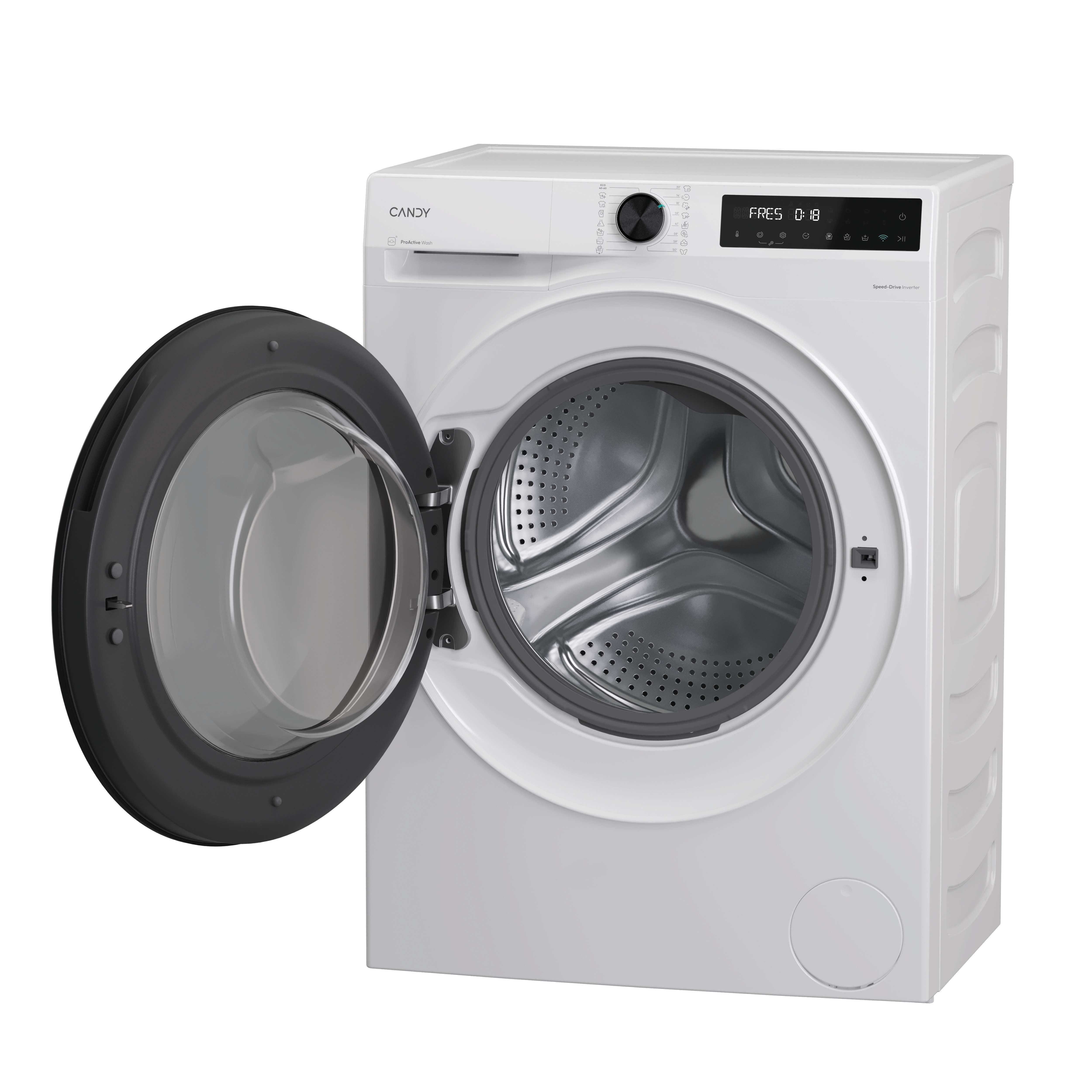 Weiße Waschmaschine mit geöffneter dunkler Tür und silberner Trommel.