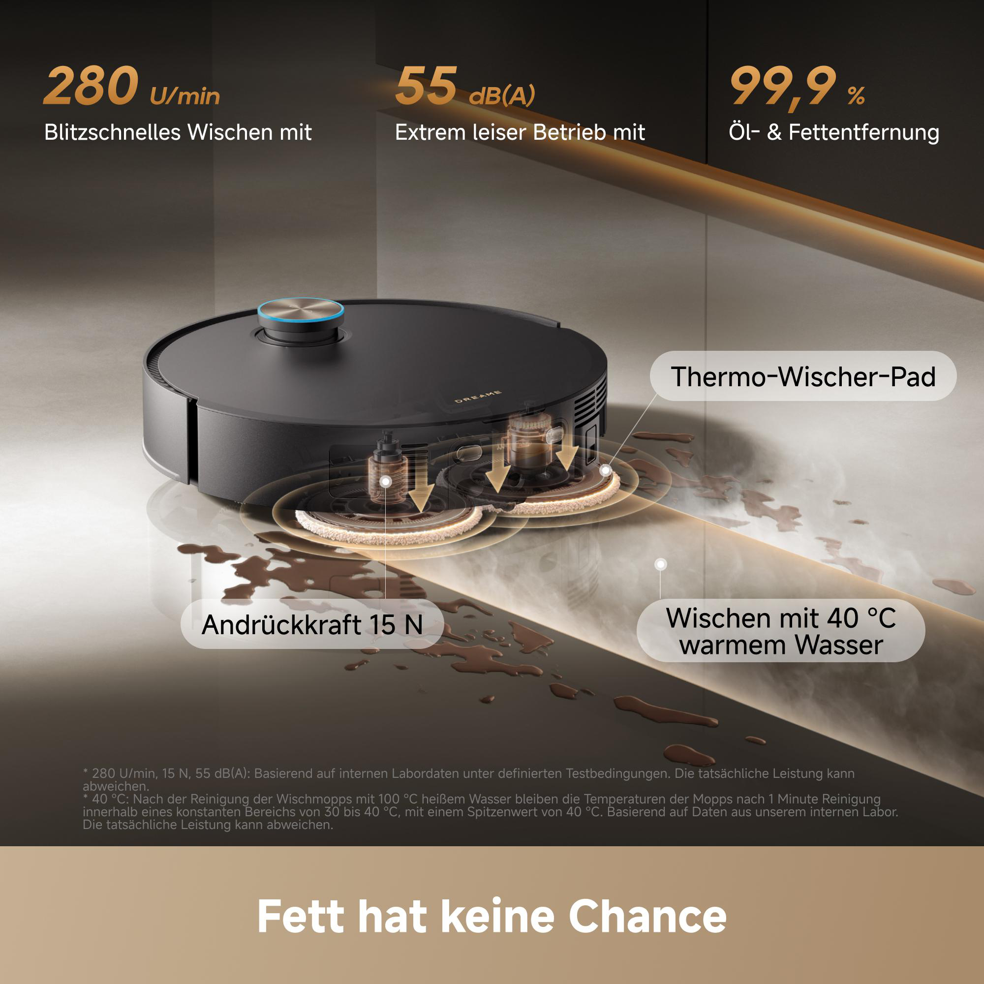 Roboterstaubsauger mit rotierenden Wischpads, die Schmutz und Flüssigkeit aufnehmen.