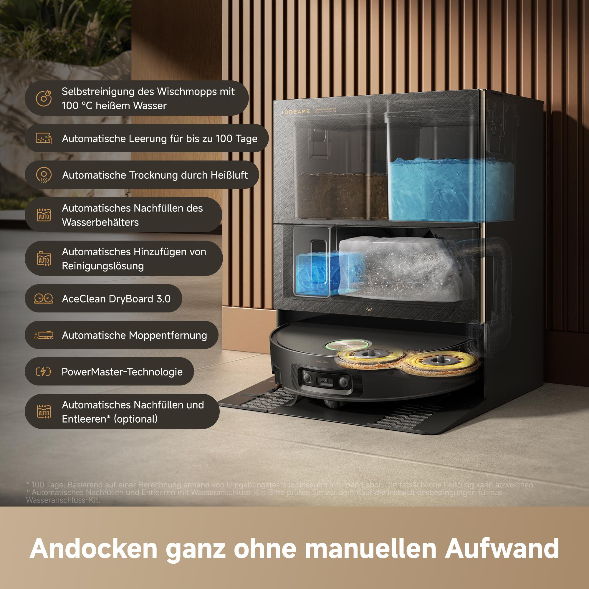 Reinigungsstation mit Saugroboter und Wassertanks. Funktionen aufgelistet.