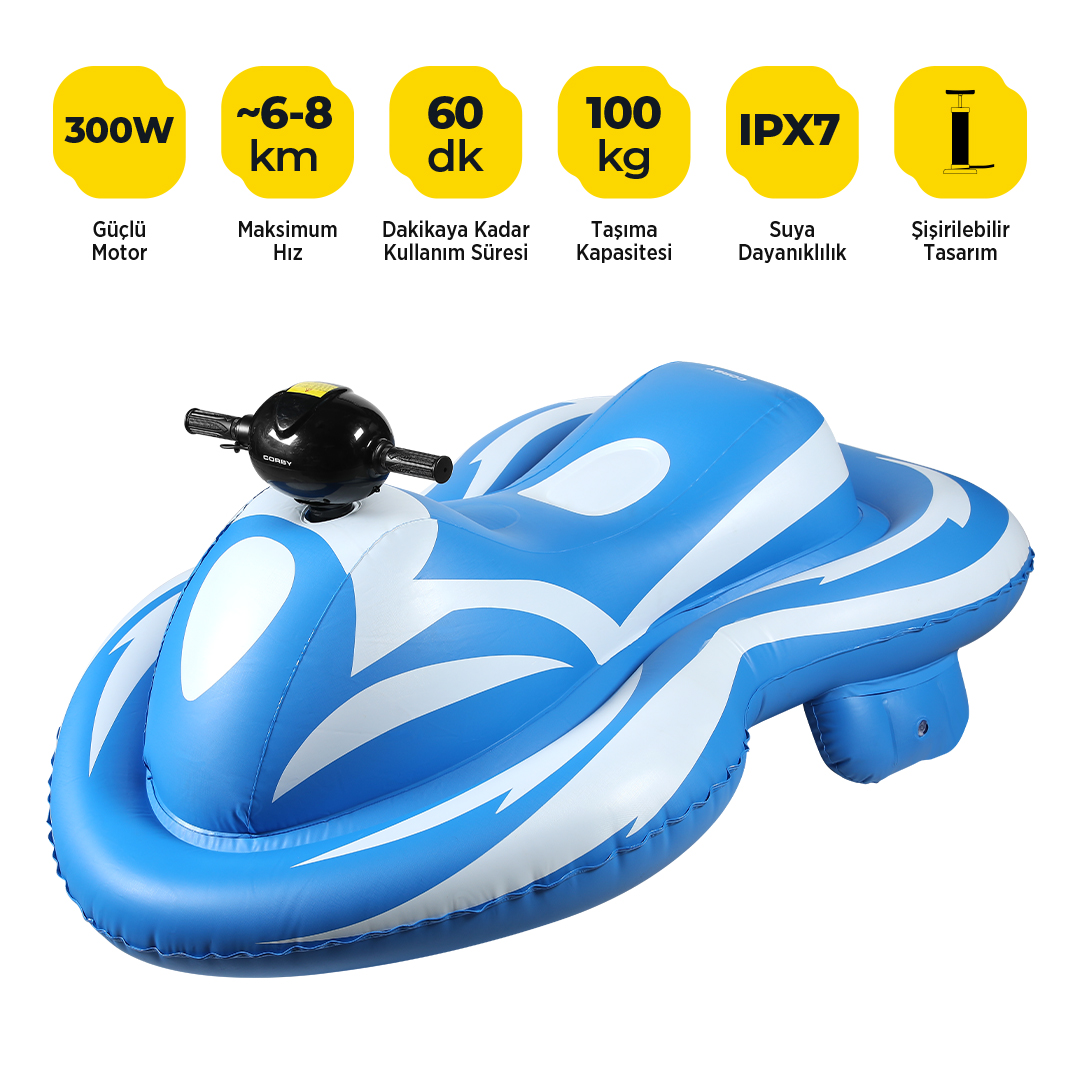 Mavi ve beyaz dalgalı desenli, gidonlu şişme jet ski.