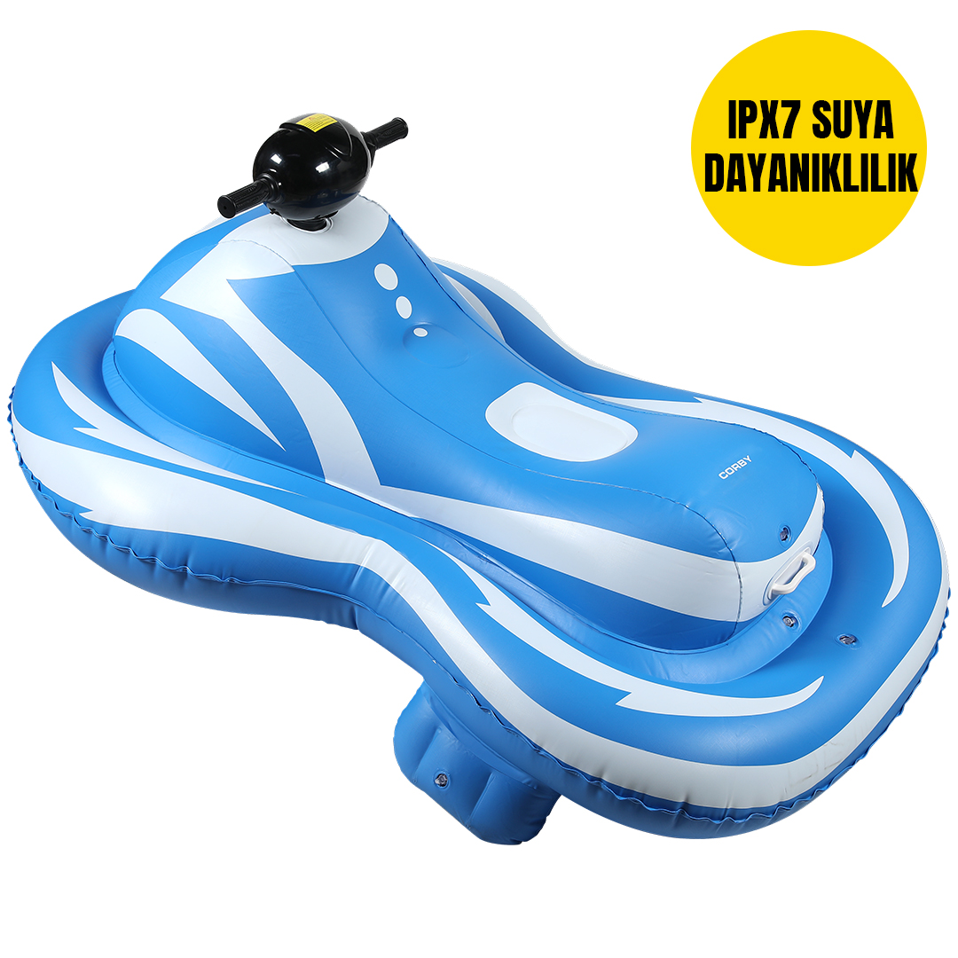 Siyah gidonlu, sarı daire metinli şişme mavi beyaz jet ski botu.