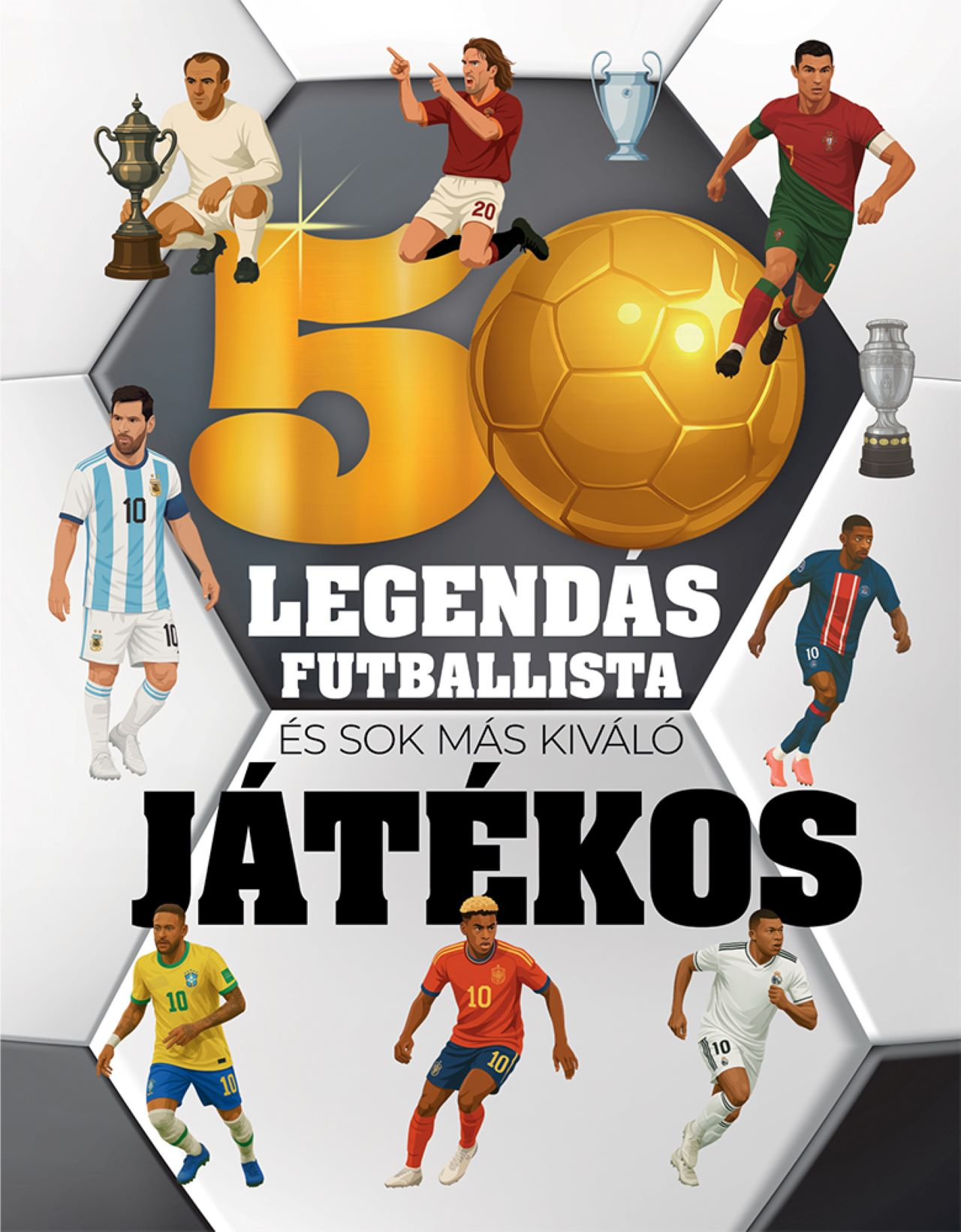 Labdarúgó legendák és trófeák futball textúrán.