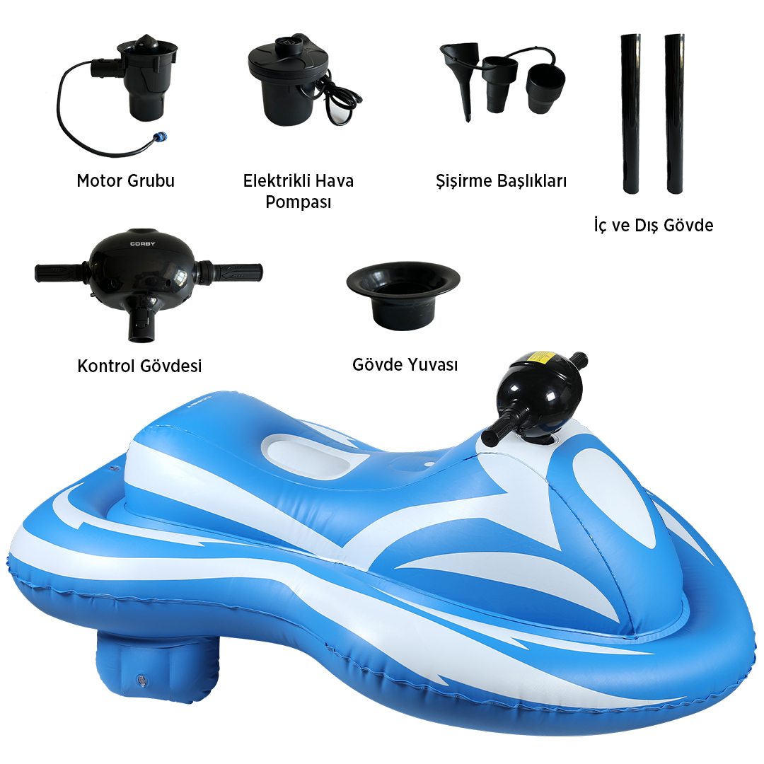 Aksesuarli şişme mavi ve beyaz jet ski: motor, pompa, başlıklar, kontrol.