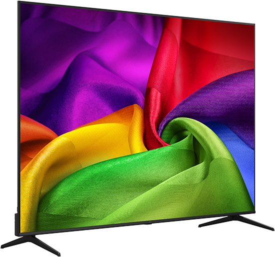 Egy modern televízió, amelynek képernyőjén élénk, örvénylő anyagminta látható.