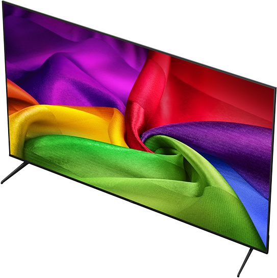 Egy modern televízió, amely élénk, színes textilmintát jelenít meg a képernyőjén.
