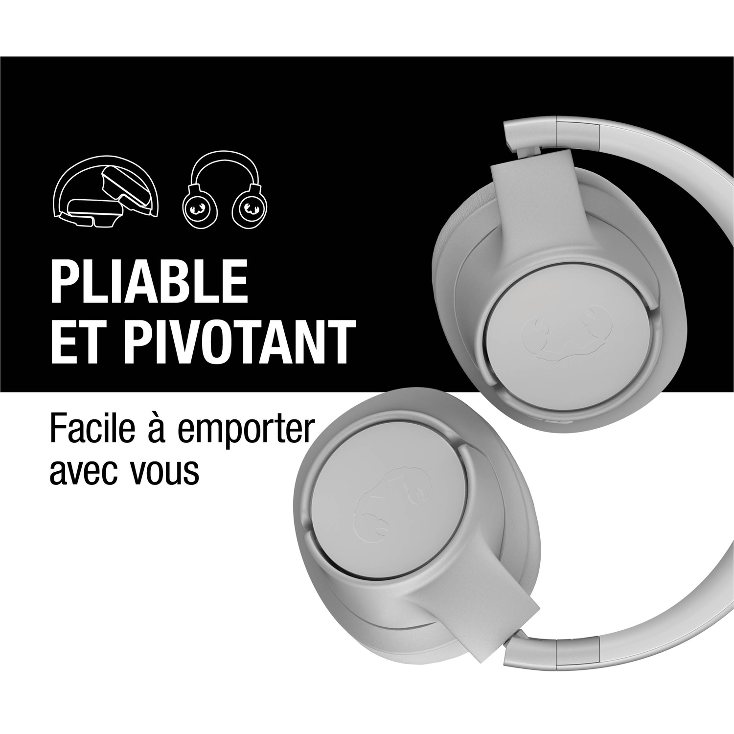 Casque pliable gris avec logo sur les écouteurs, sur fond noir et blanc.