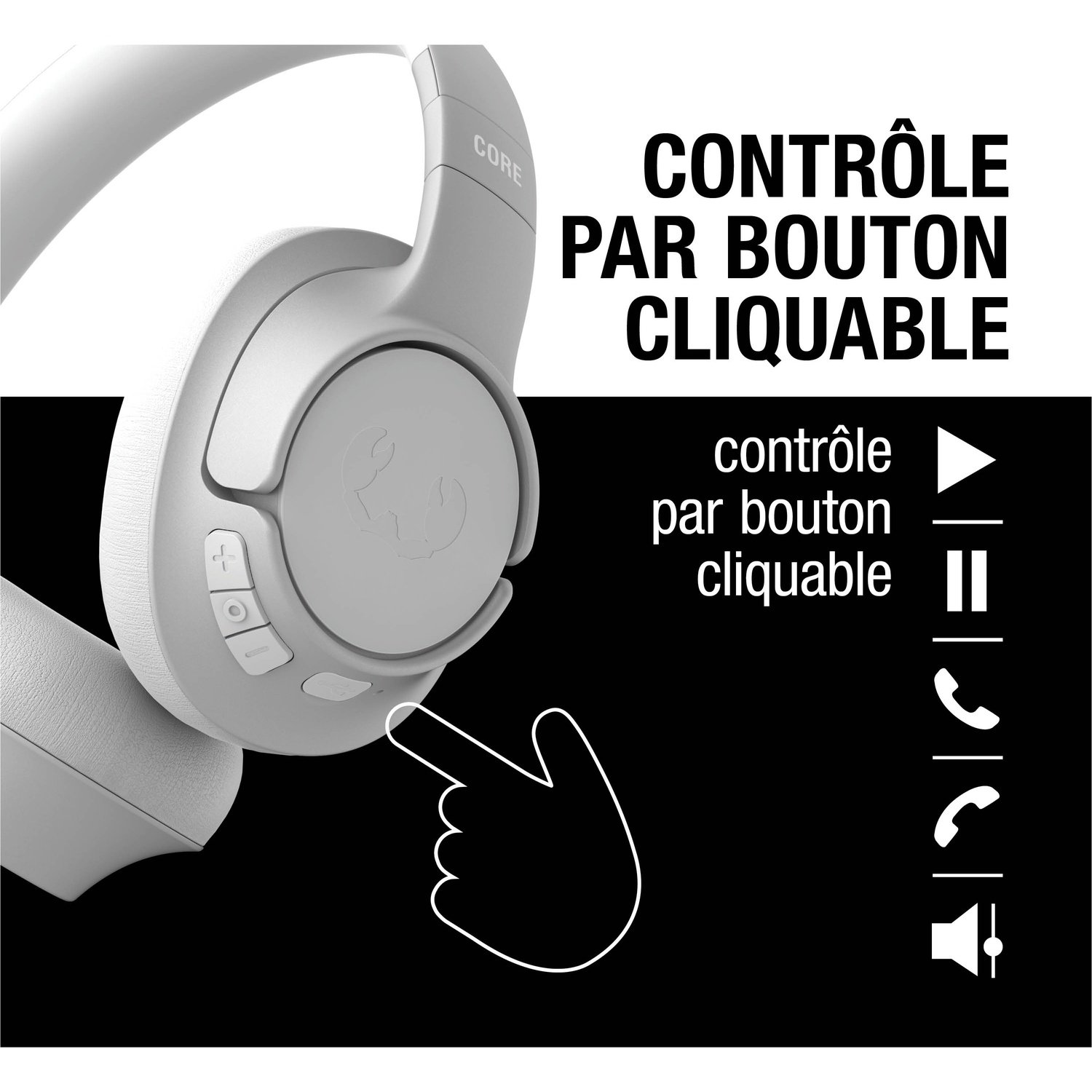 Casque blanc avec un doigt pointant et des icônes de contrôle.