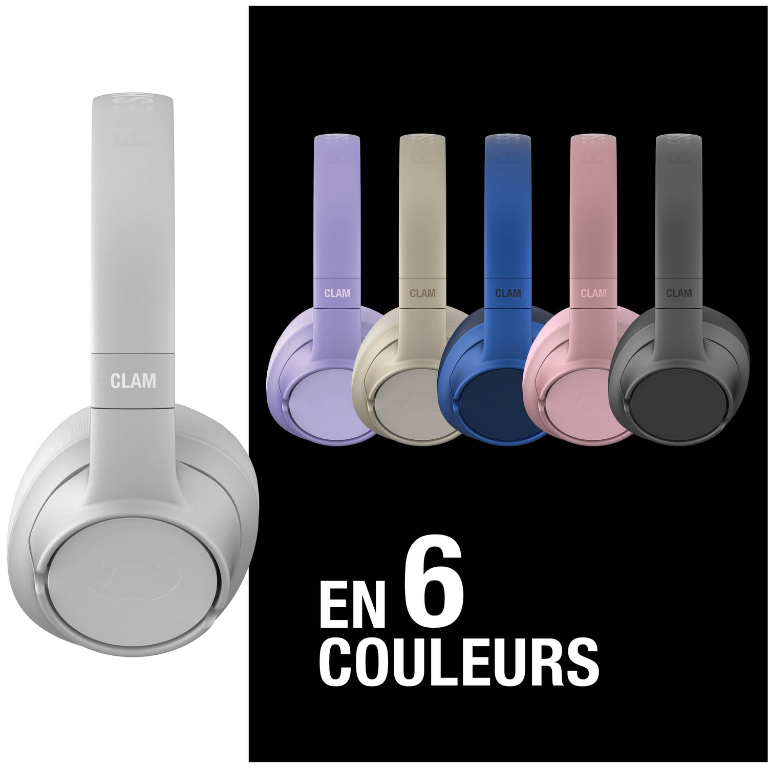 Un casque blanc à gauche, avec cinq casques colorés à côté.