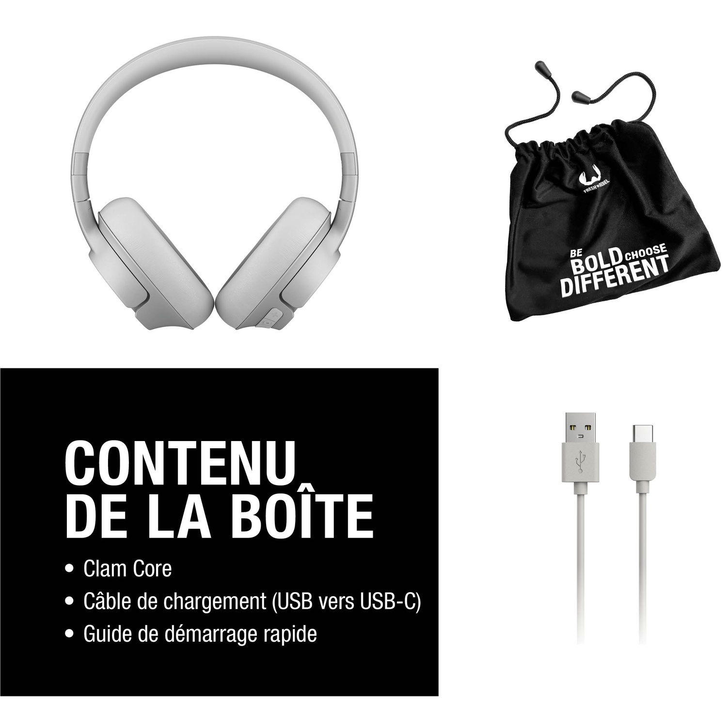 Casque blanc, sac noir avec texte, câble de chargement et boîte blanche avec texte.