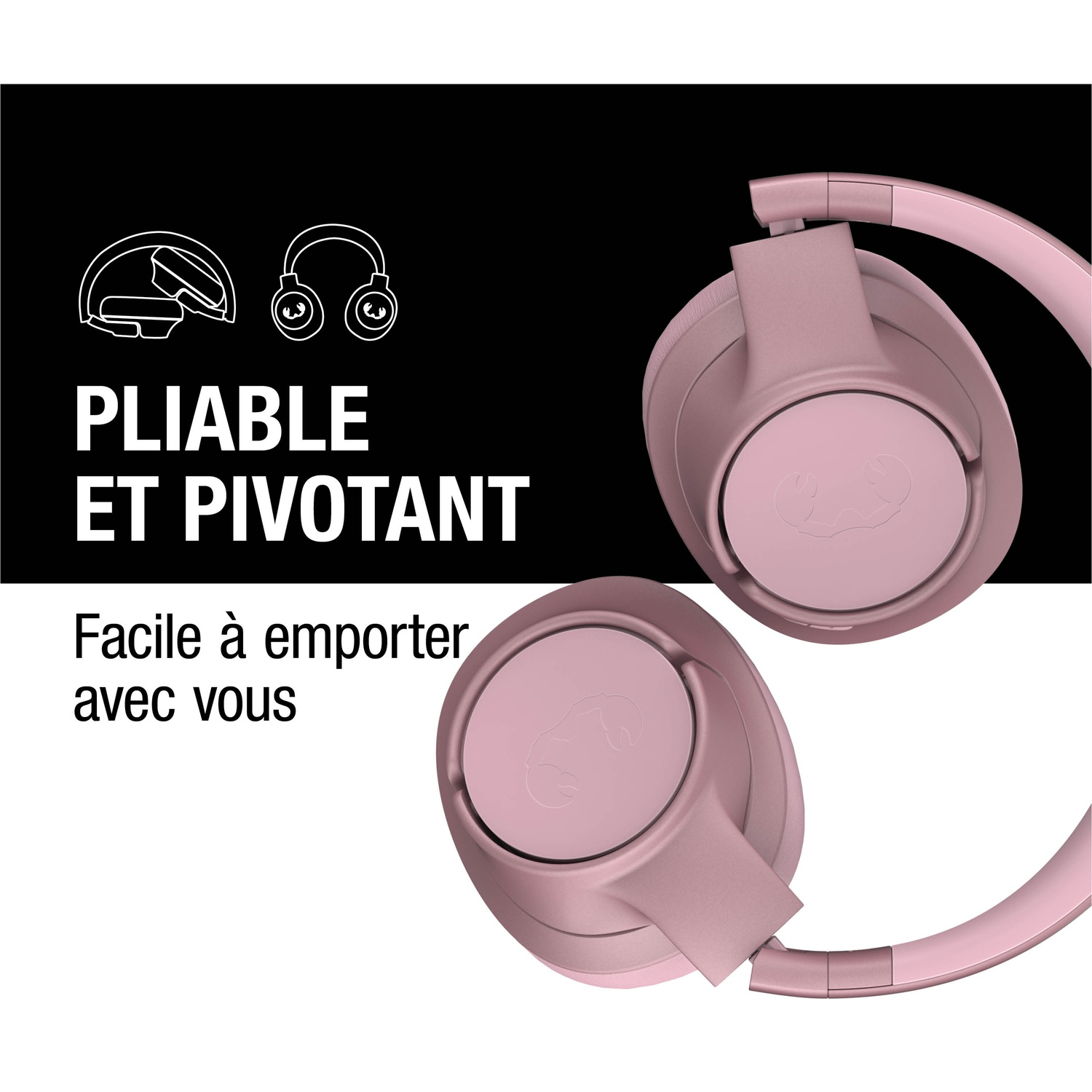 Casque rose pliable et pivotant avec logo.