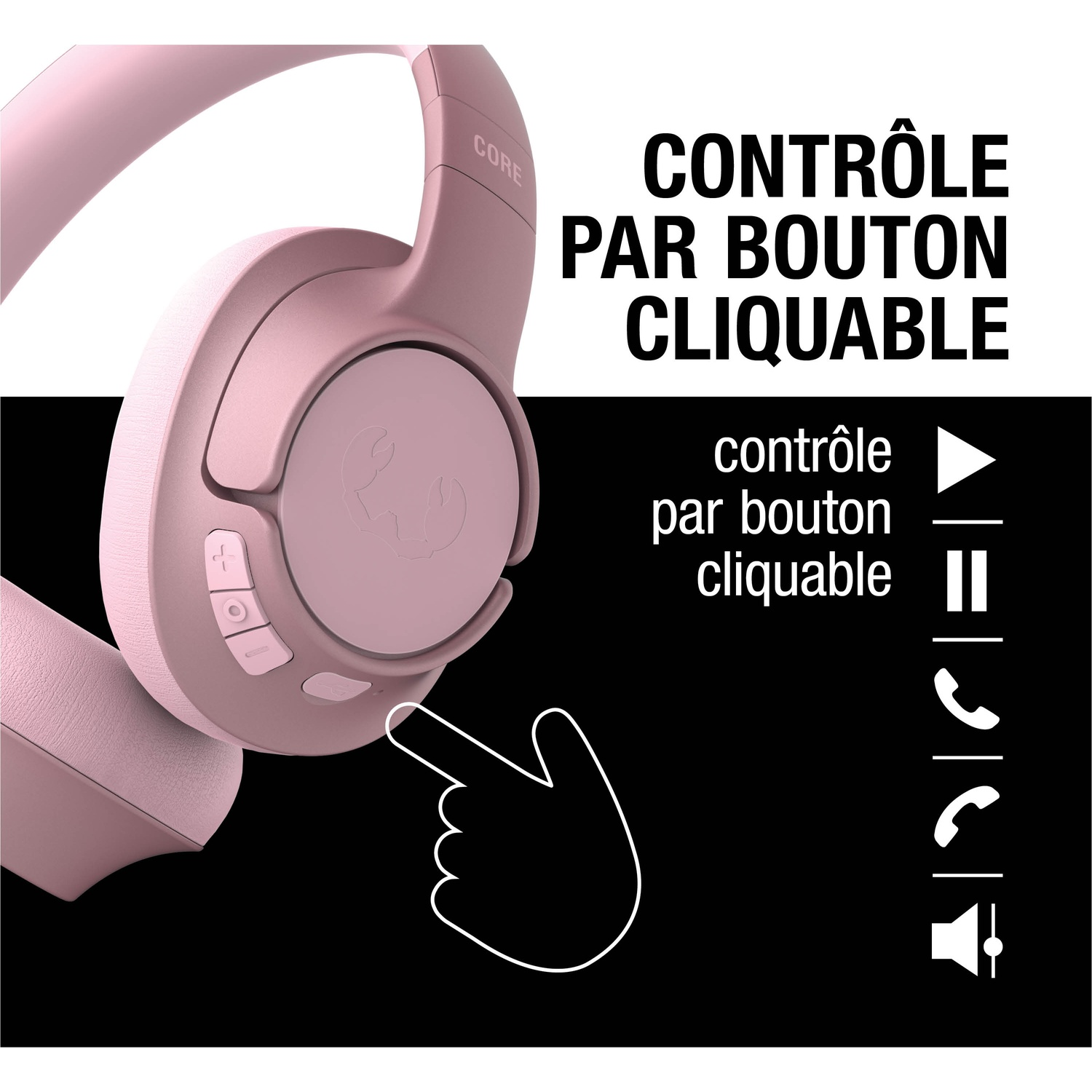 Un écouteur rose avec des commandes et un geste de la main.