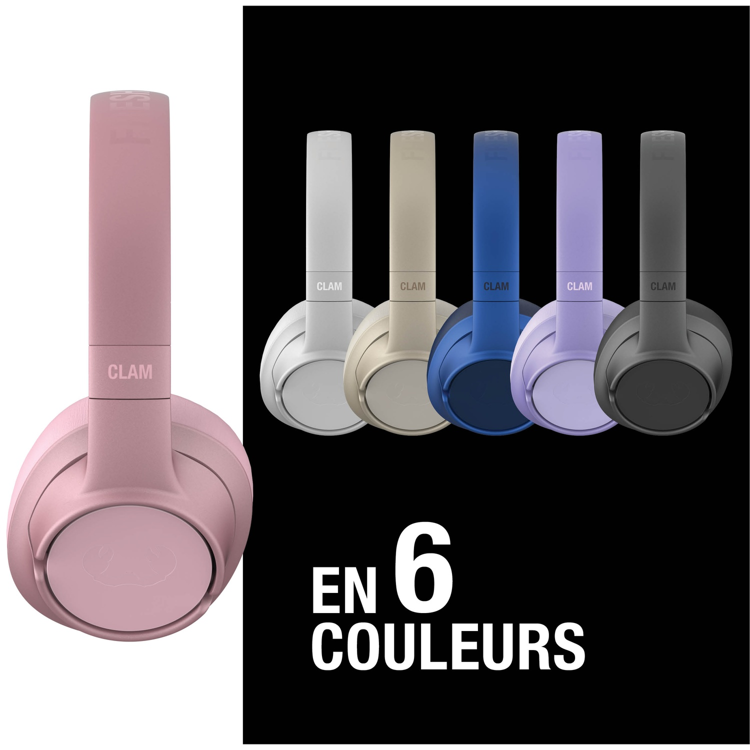 Un casque rose à gauche, et cinq autres en blanc, beige, bleu, violet et gris à droite.