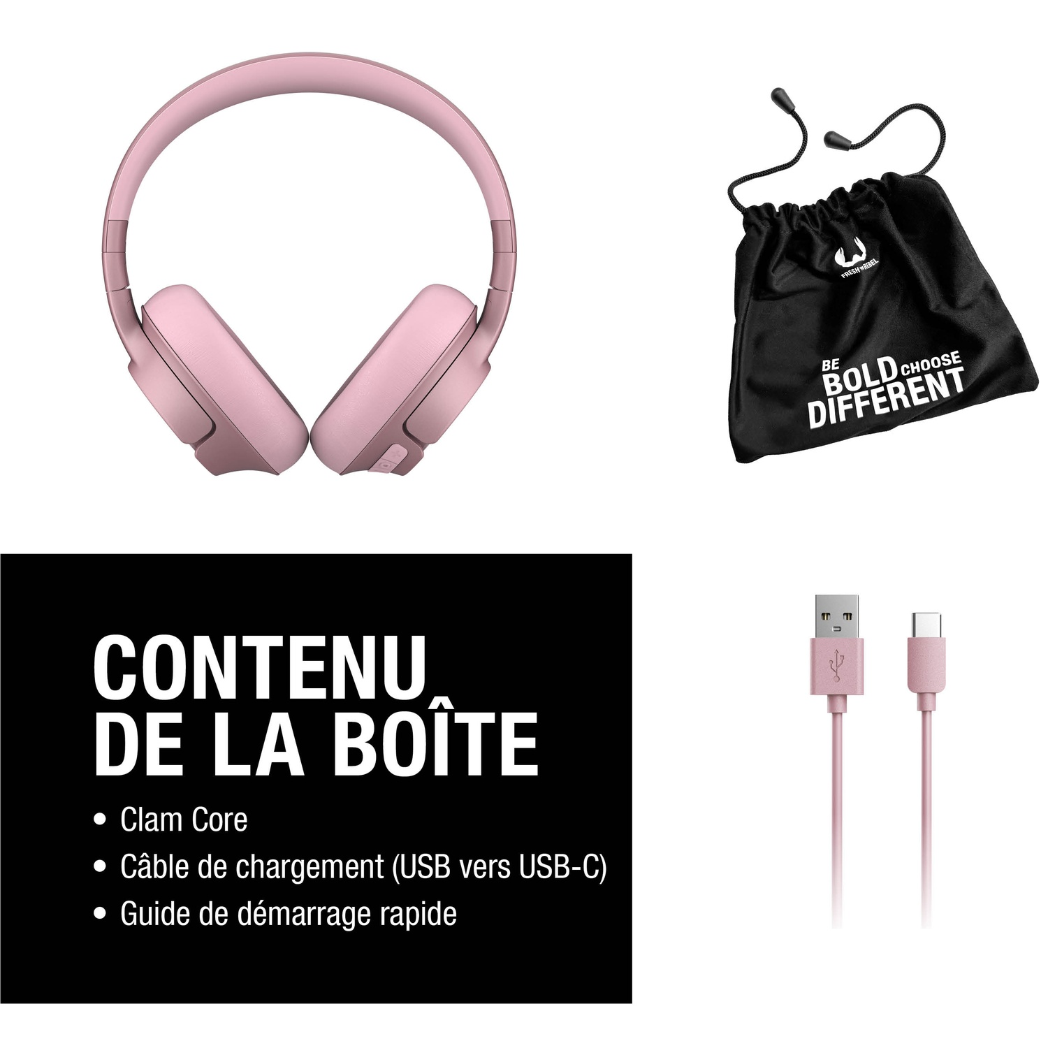 Casque rose, sac noir avec logo, câble USB-C et liste du contenu.