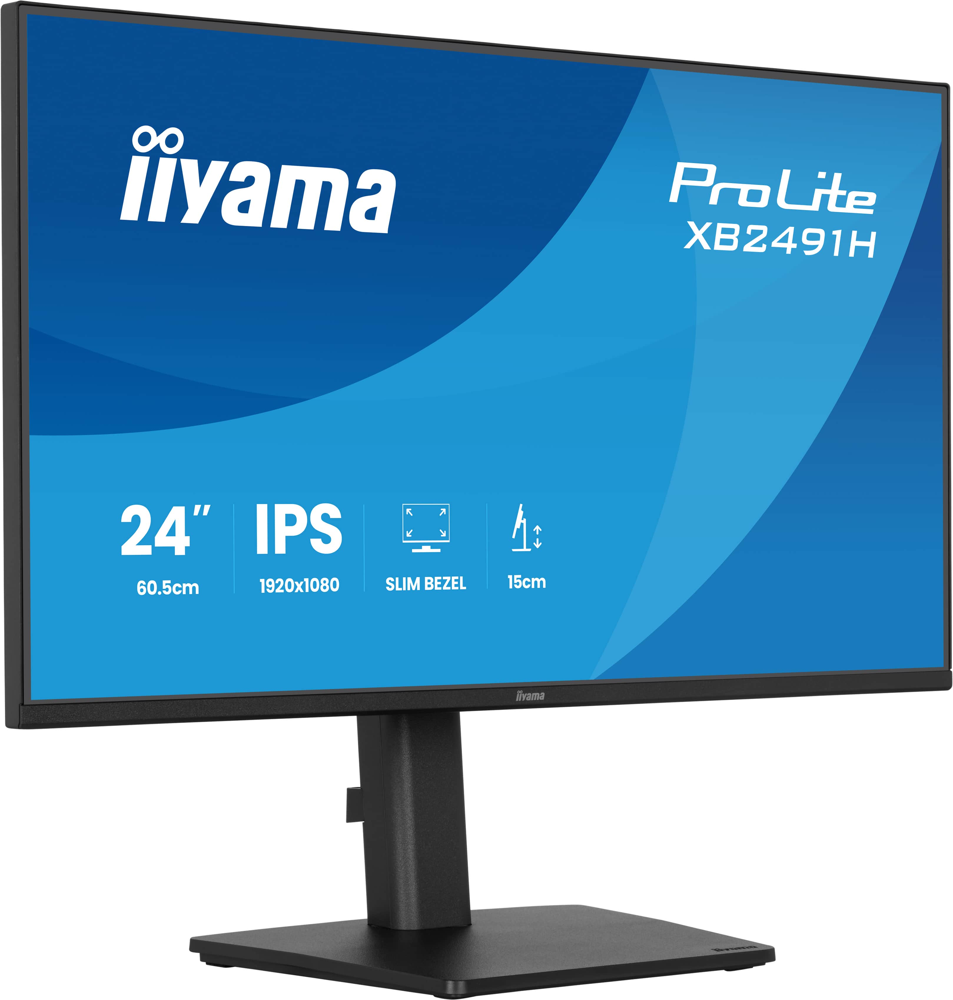 Ein schwarzer Iiyama ProLite XB2491H Monitor mit 24" IPS, 1920x1080, schlankem Rahmen.