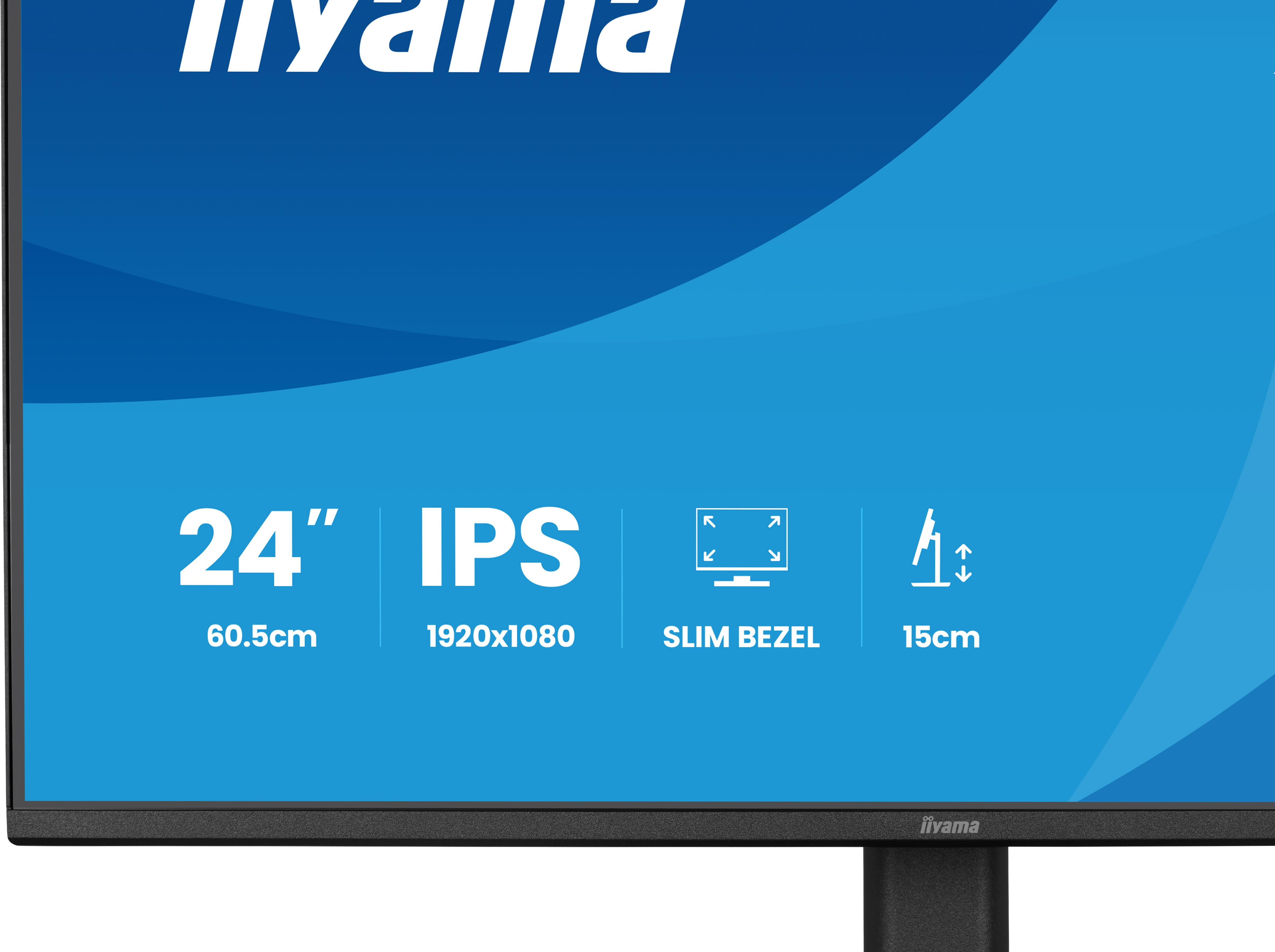 24-Zoll-IPS-Monitor mit 1920x1080, schmalem Rahmen und 15cm Standfuß.