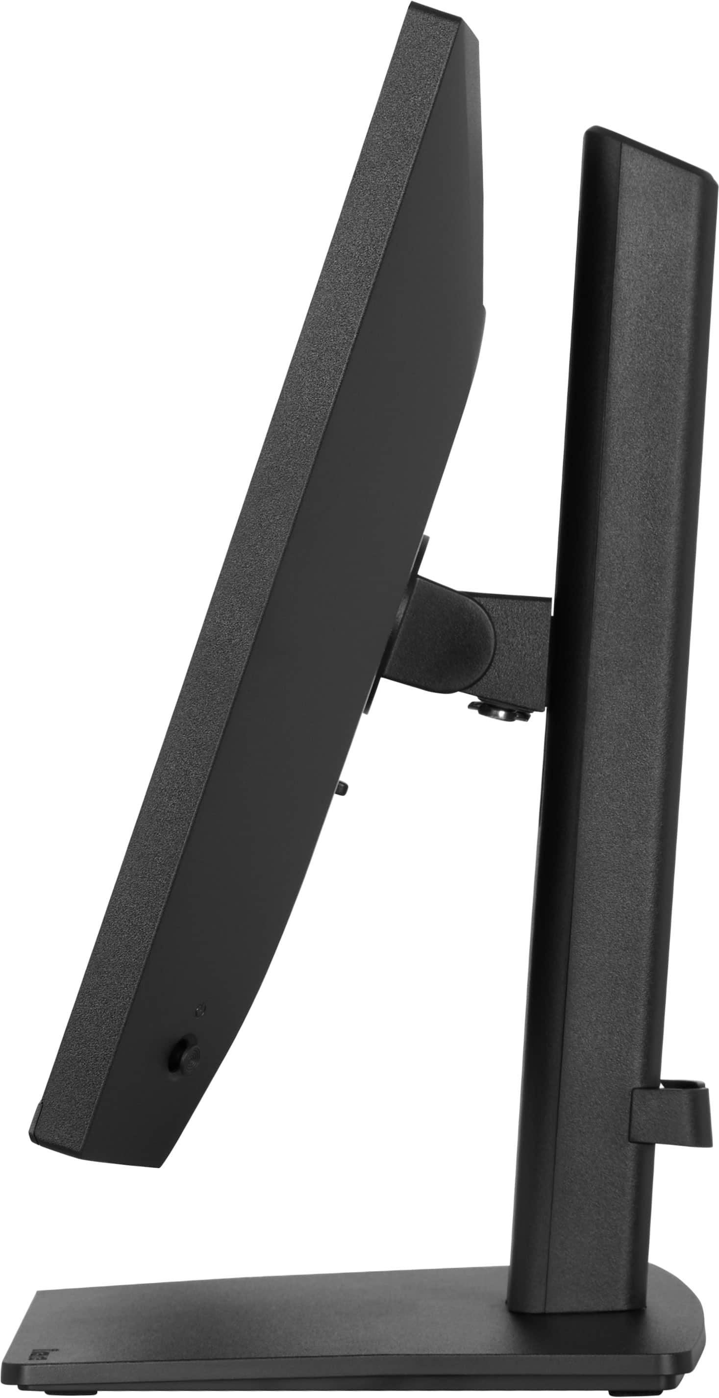 Schwarzer Computermonitor von der Seite auf einem weißen Hintergrund.