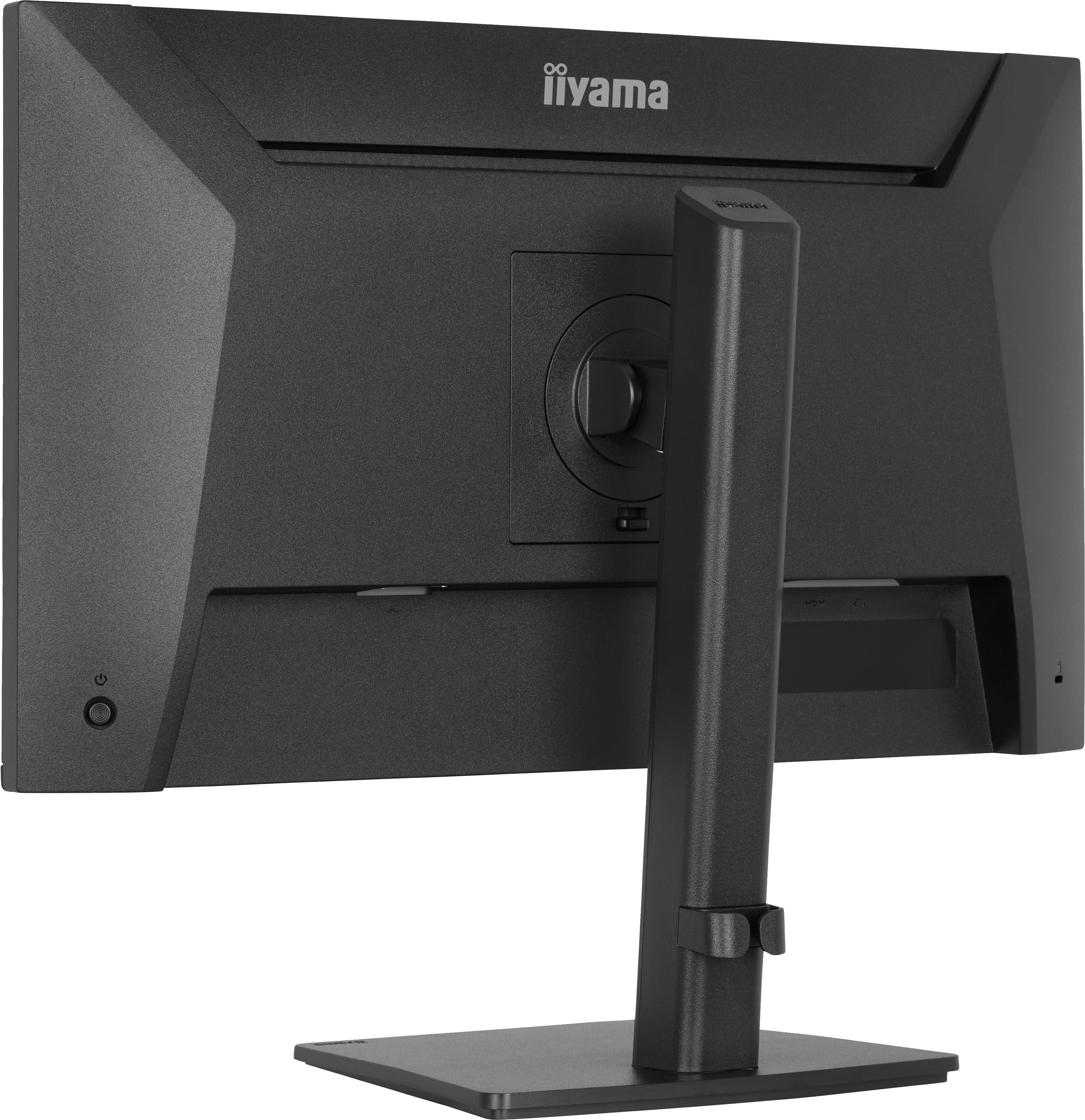Rückseite eines schwarzen Monitors mit iiyama-Logo und Standfuß.