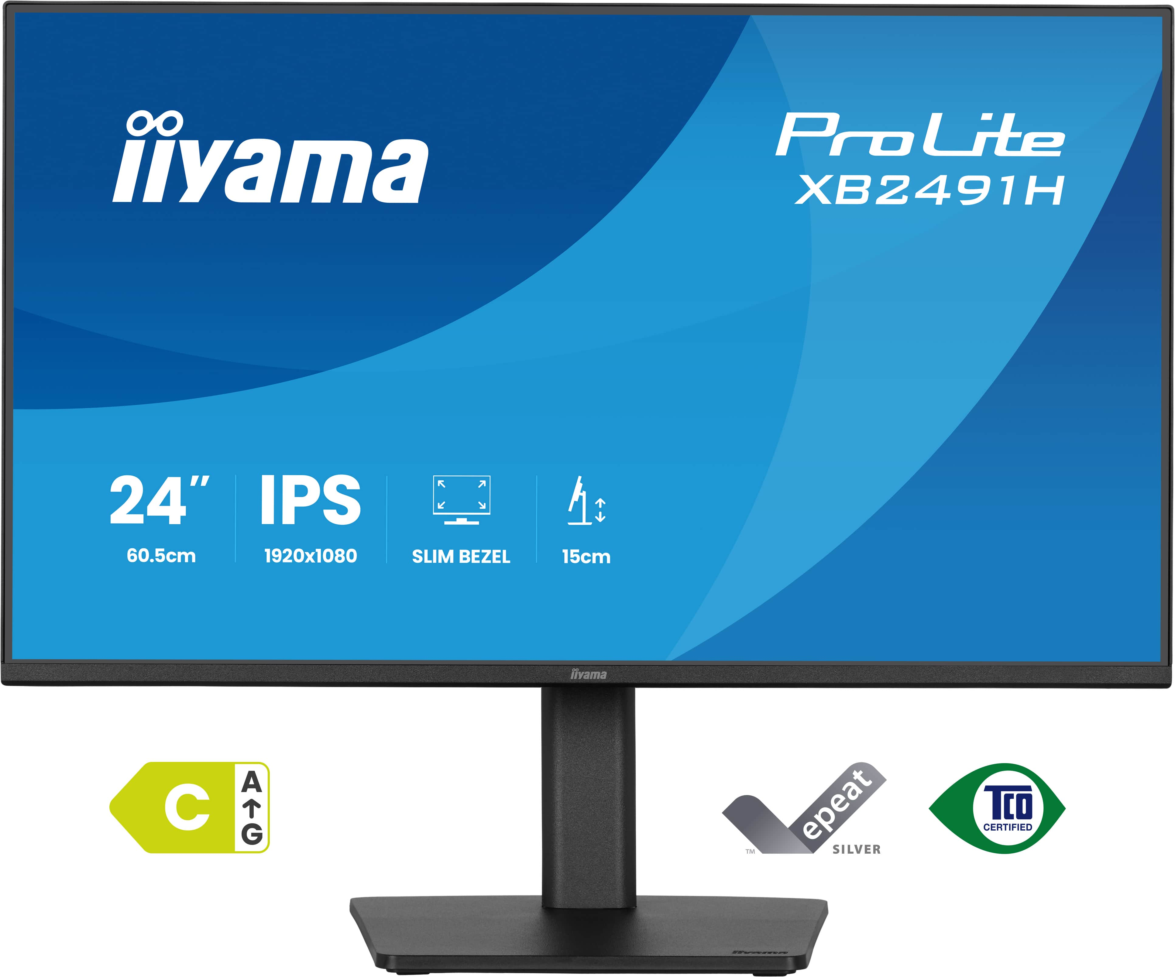 Ein silberner Iiyama ProLite XB2491H Monitor mit 24 Zoll IPS-Display und Energieeffizienzklasse C.