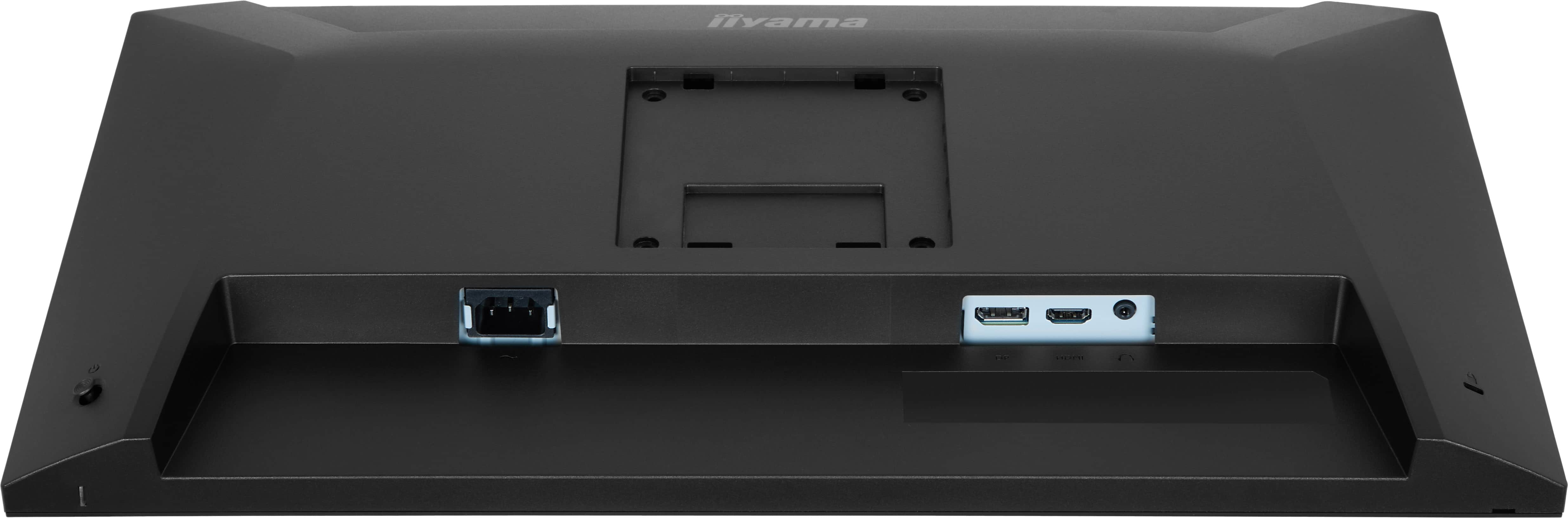 Rückseite eines schwarzen Monitors mit Anschlüssen: Strom, HDMI, DisplayPort, Audiobuchse.