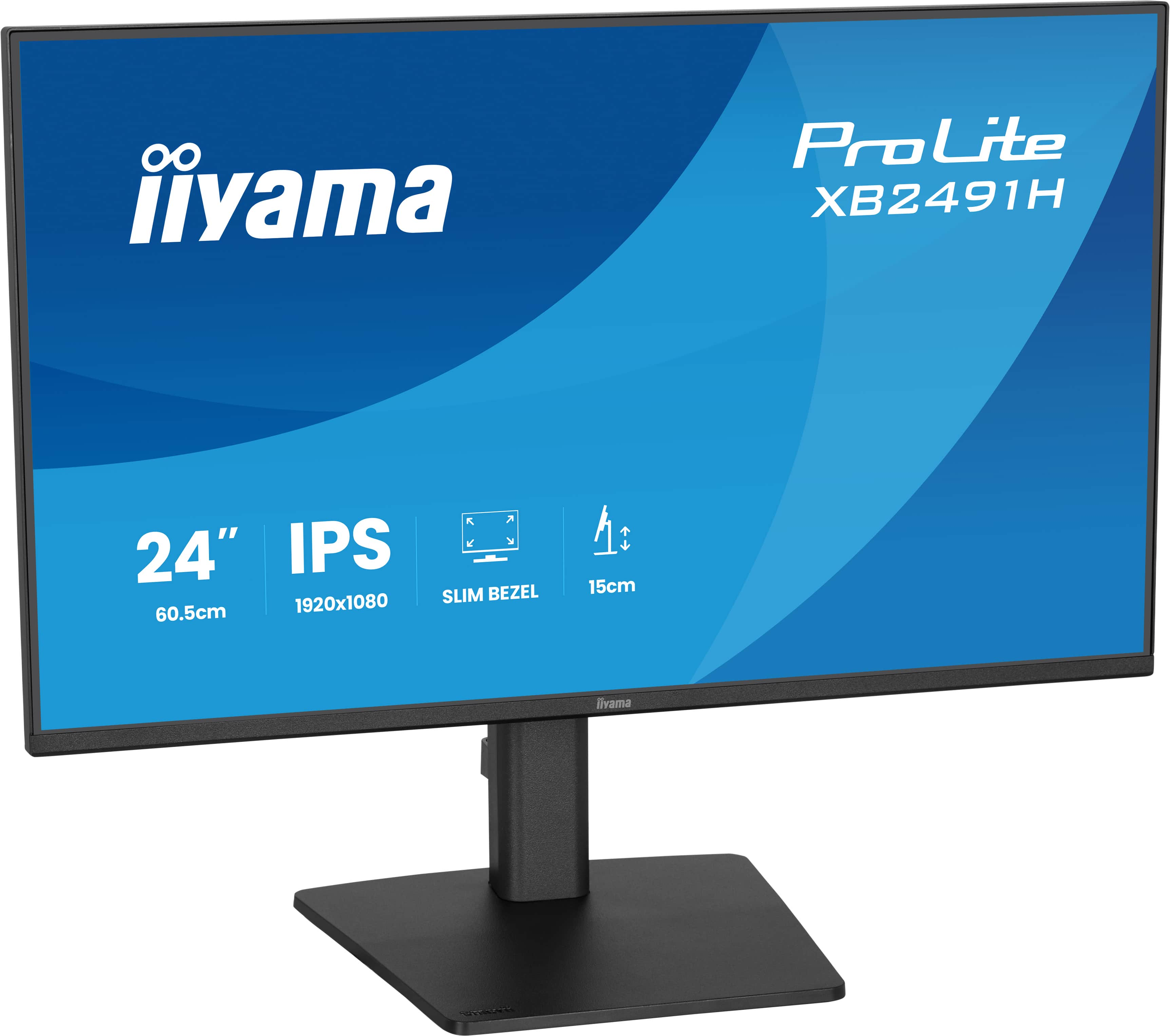 Ein schwarzer iiyama Monitor mit 24 Zoll IPS Display und schlankem Rahmen.