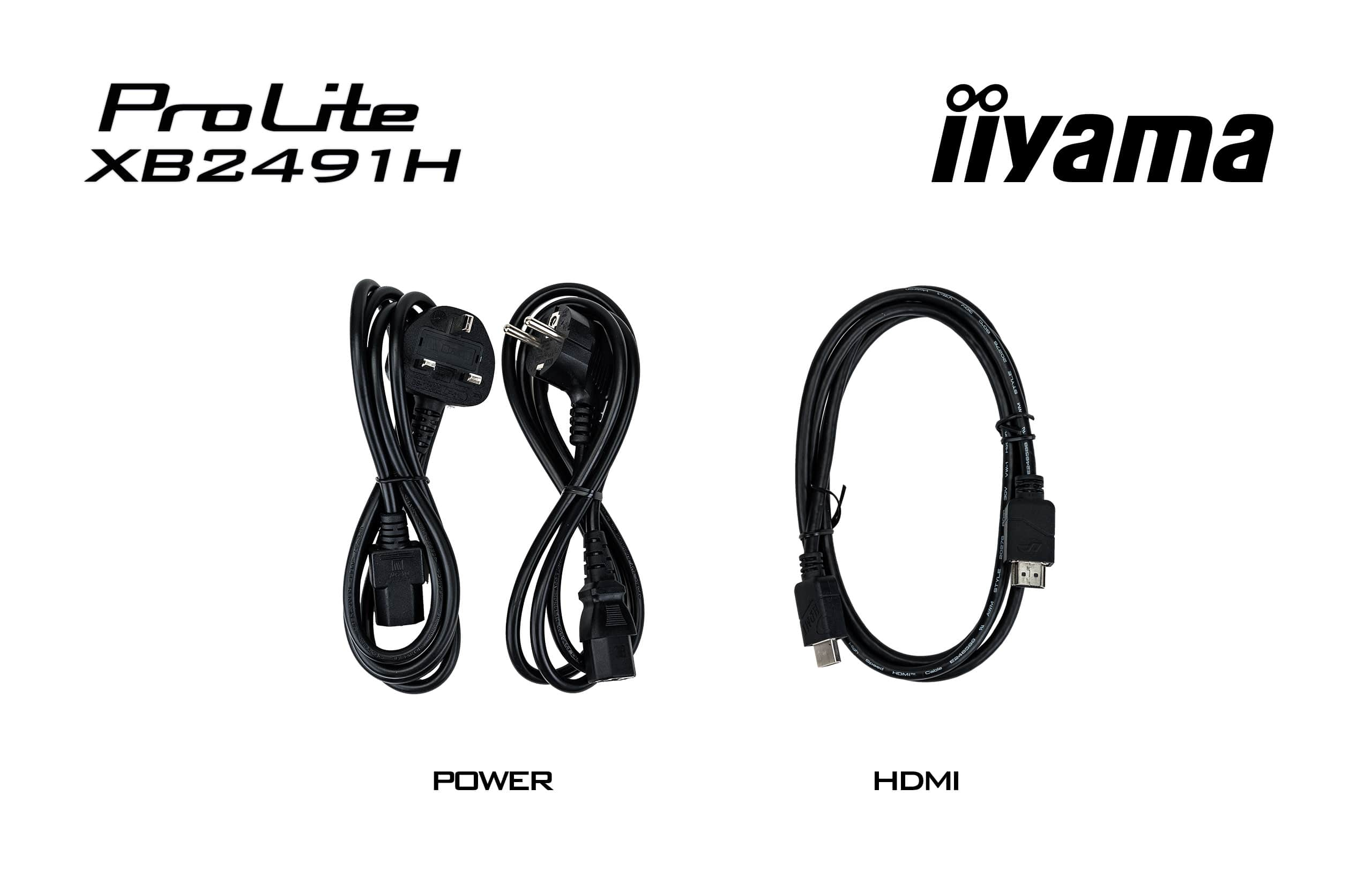 Zwei schwarze Kabel: ein Stromkabel und ein HDMI-Kabel.