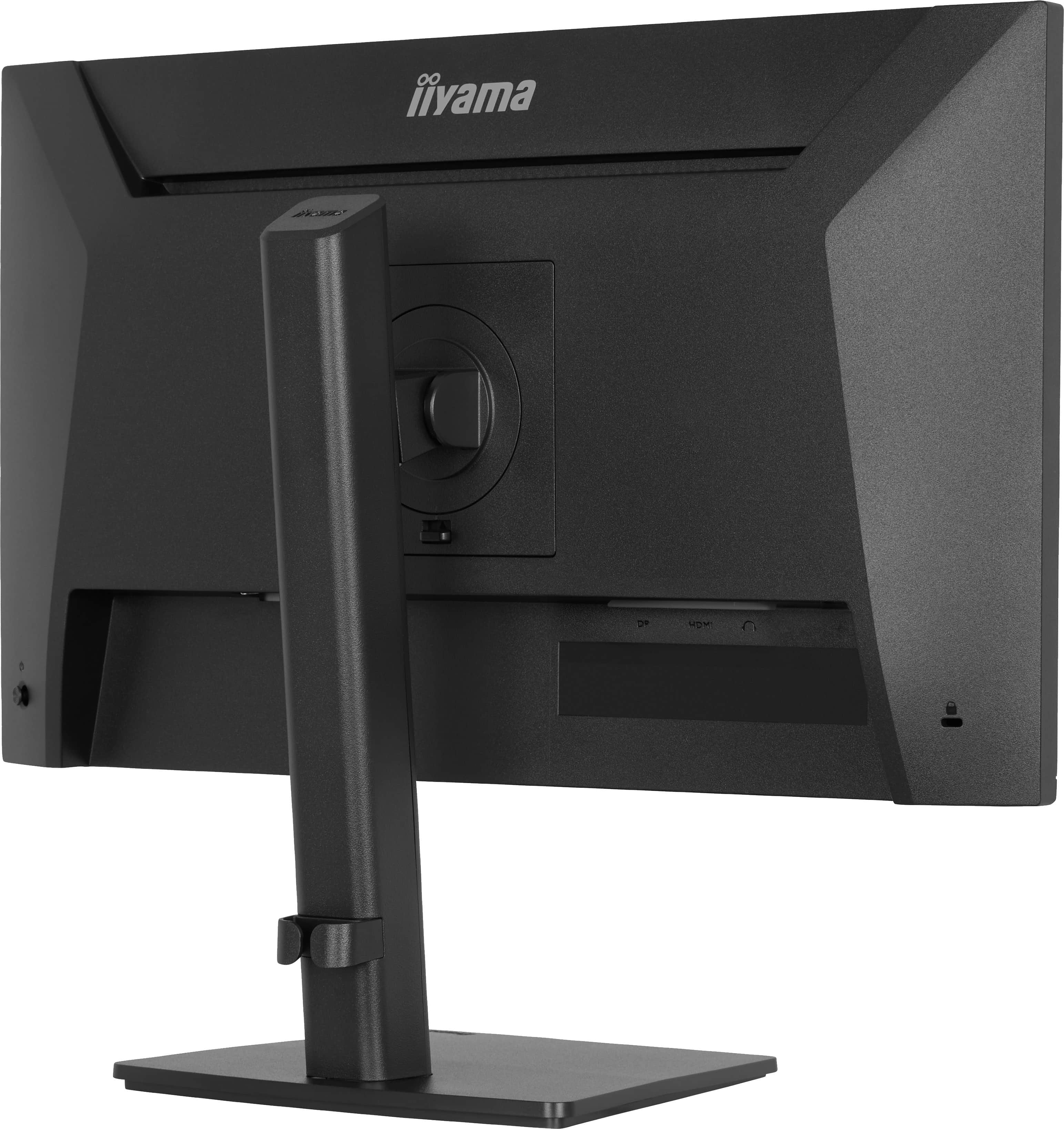 Rückseite eines schwarzen Monitors mit Standfuß und Anschlüssen.