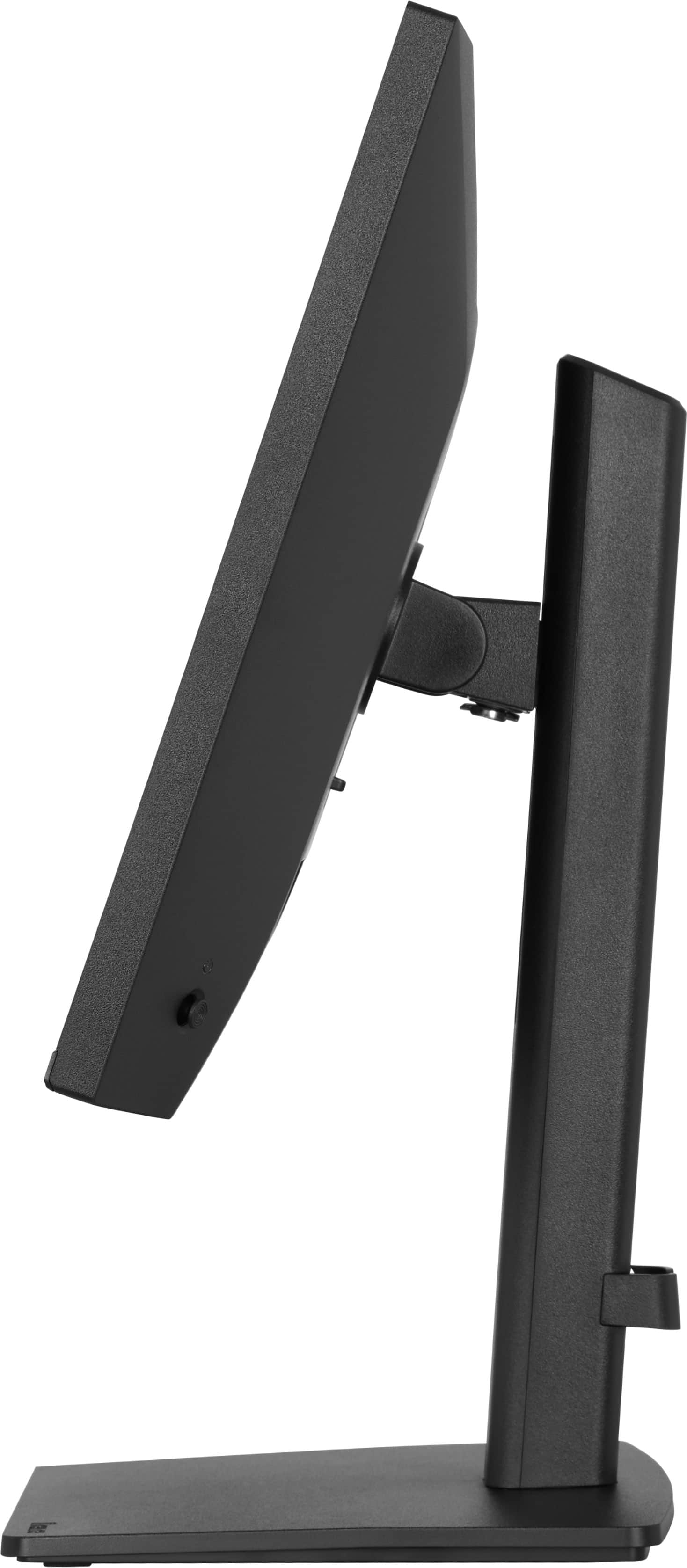 Schwarzer Computermonitor mit verstellbarem Ständer, Seitenansicht.