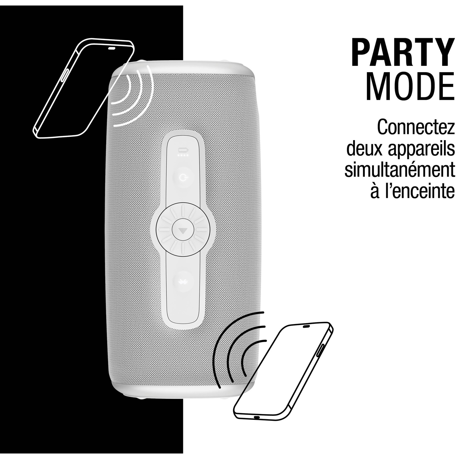 Une enceinte avec deux smartphones connectés en mode fête.